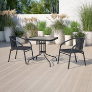 Lila 28'' Square Glass Metal Table with Black Rattan Edging and 2 Black Rattan Stack Chairs