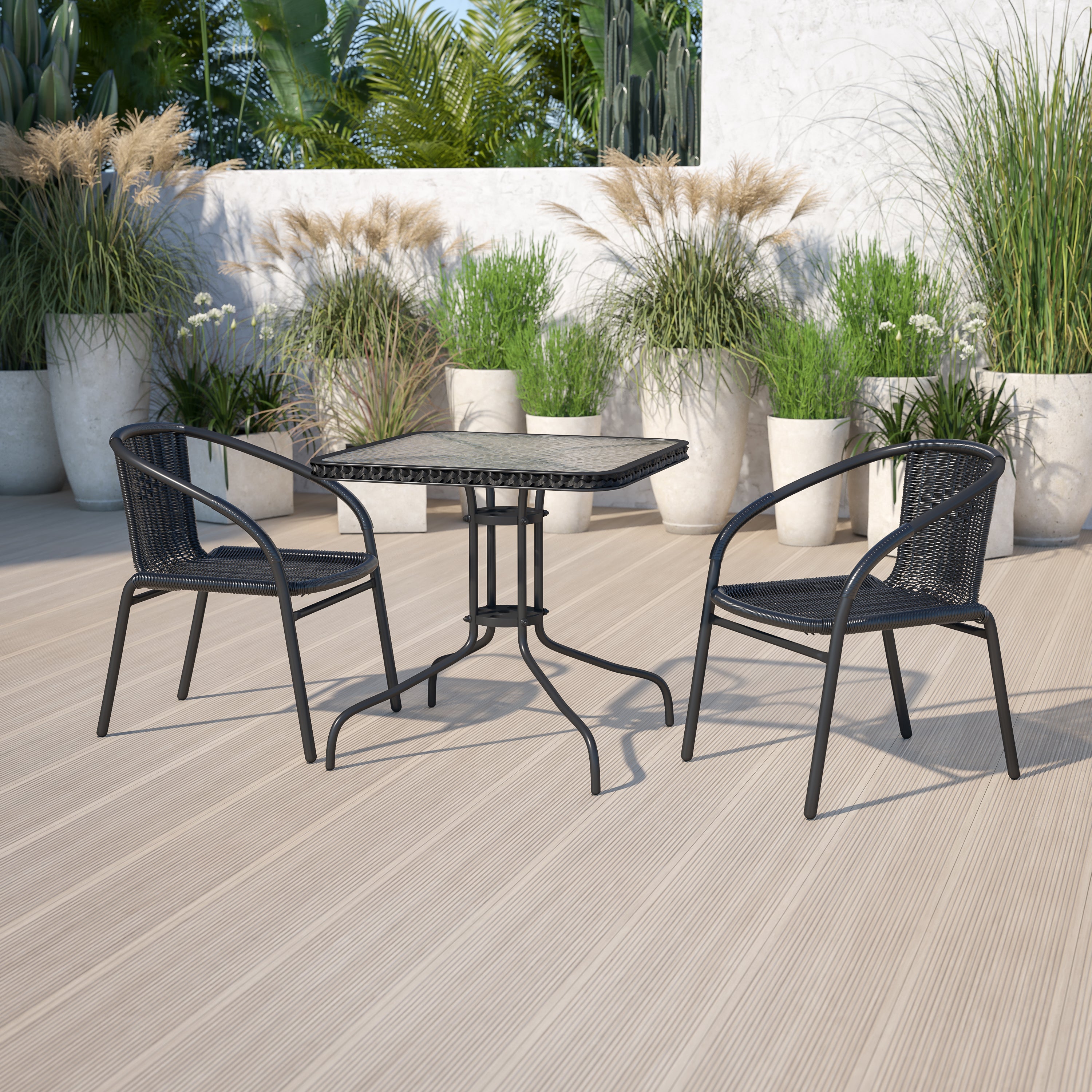 Lila 28'' Square Glass Metal Table with Black Rattan Edging and 2 Black Rattan Stack Chairs