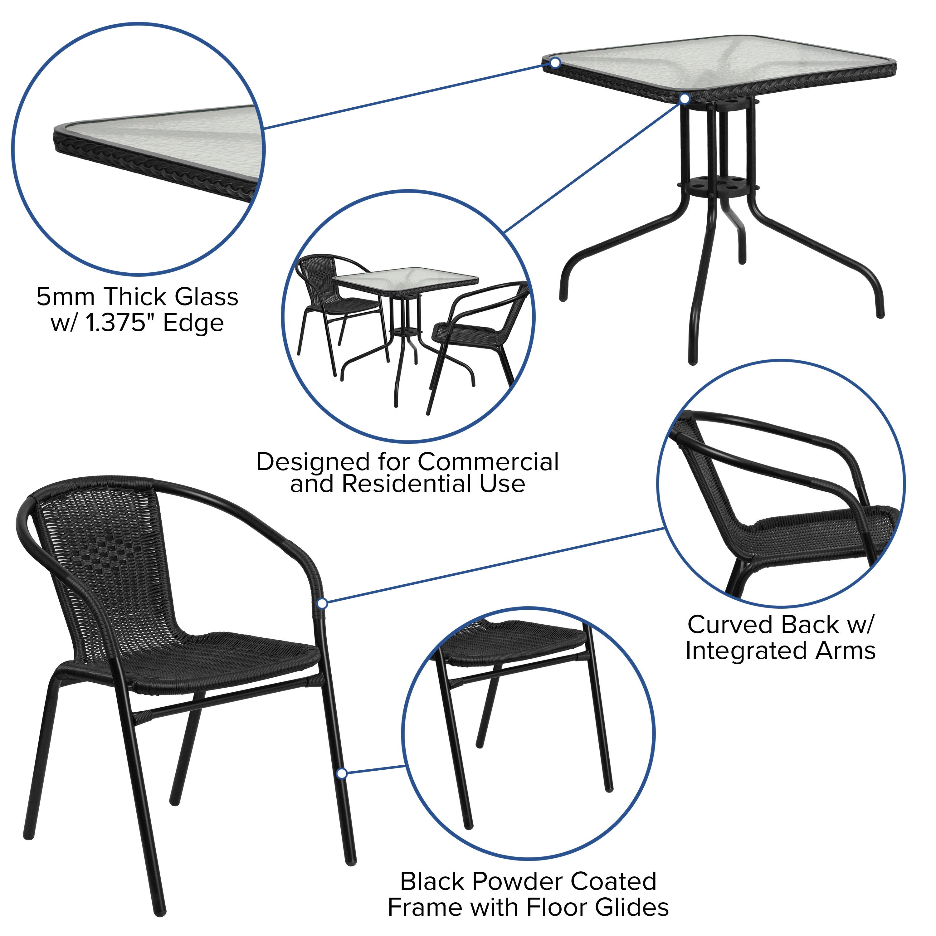 Lila 28'' Square Glass Metal Table with Black Rattan Edging and 2 Black Rattan Stack Chairs