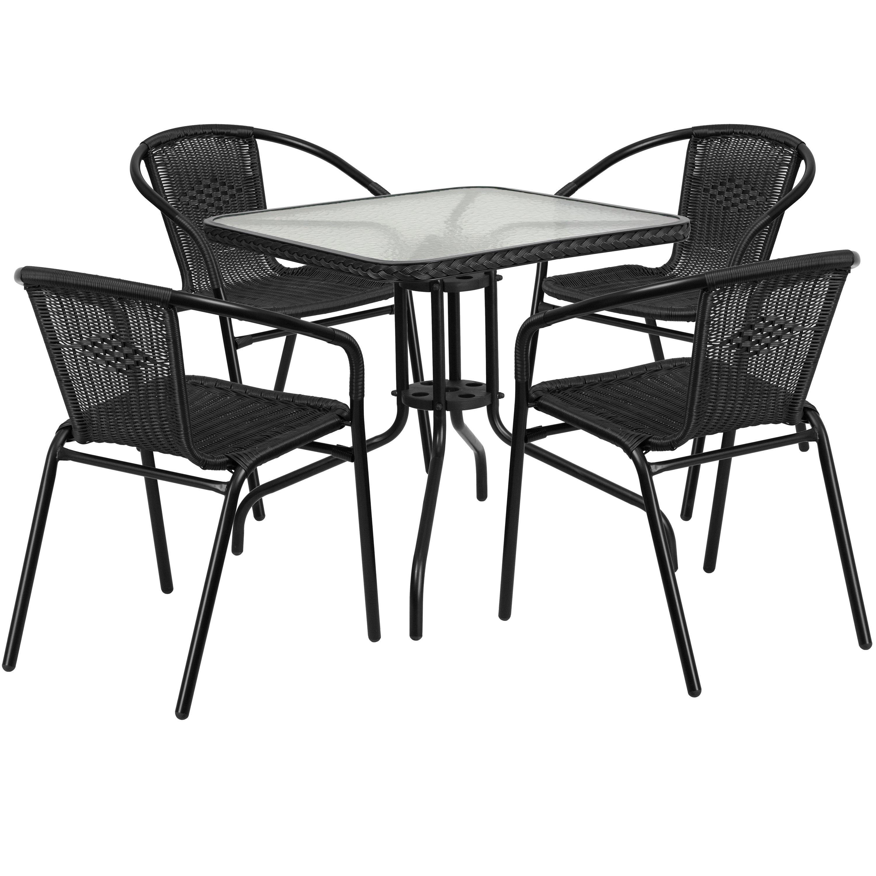 Lila 28'' Square Glass Metal Table with Black Rattan Edging and 4 Black Rattan Stack Chairs