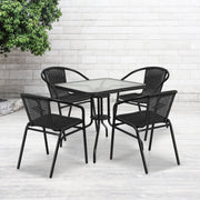 Lila 28'' Square Glass Metal Table with Black Rattan Edging and 4 Black Rattan Stack Chairs