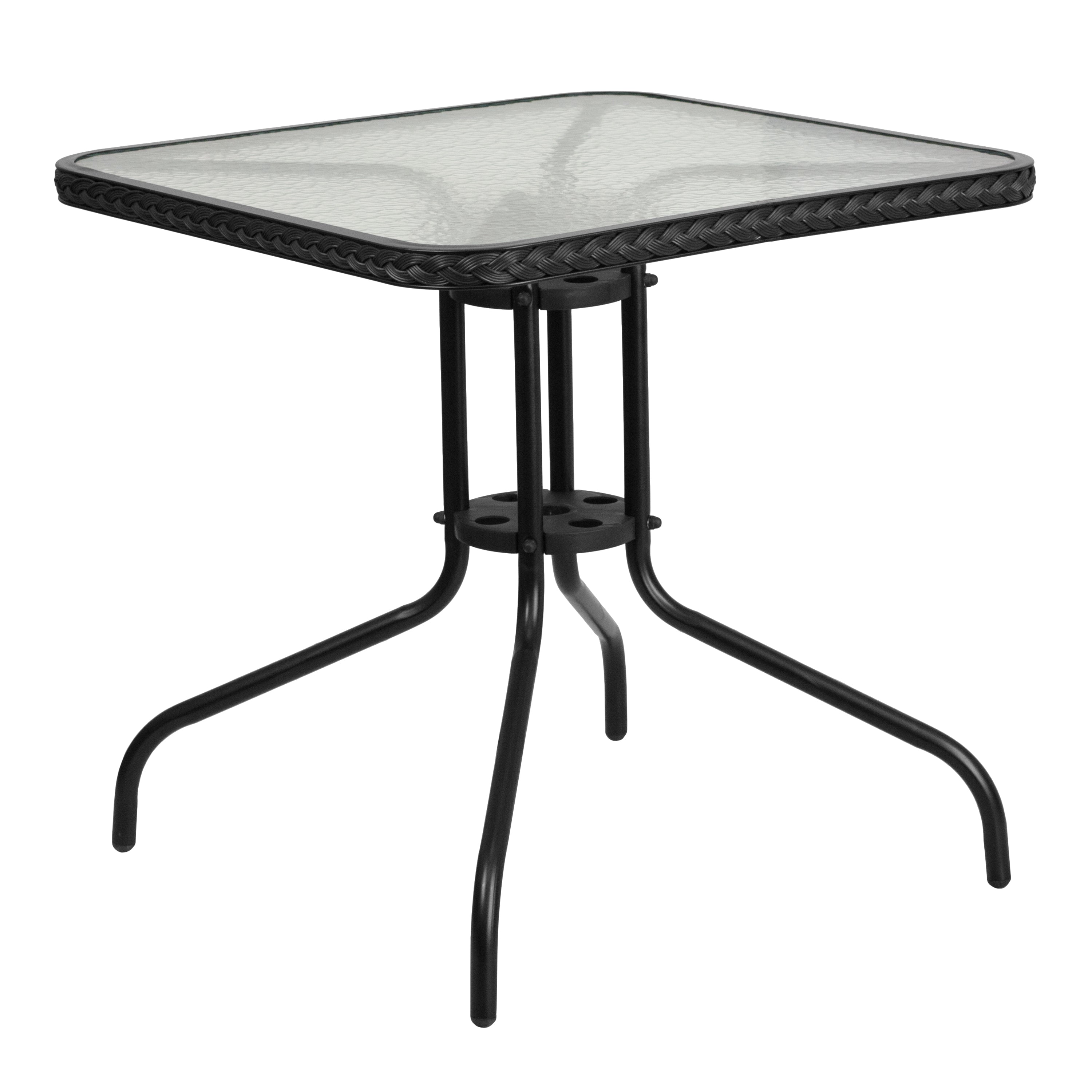 Lila 28'' Square Glass Metal Table with Black Rattan Edging and 4 Black Rattan Stack Chairs
