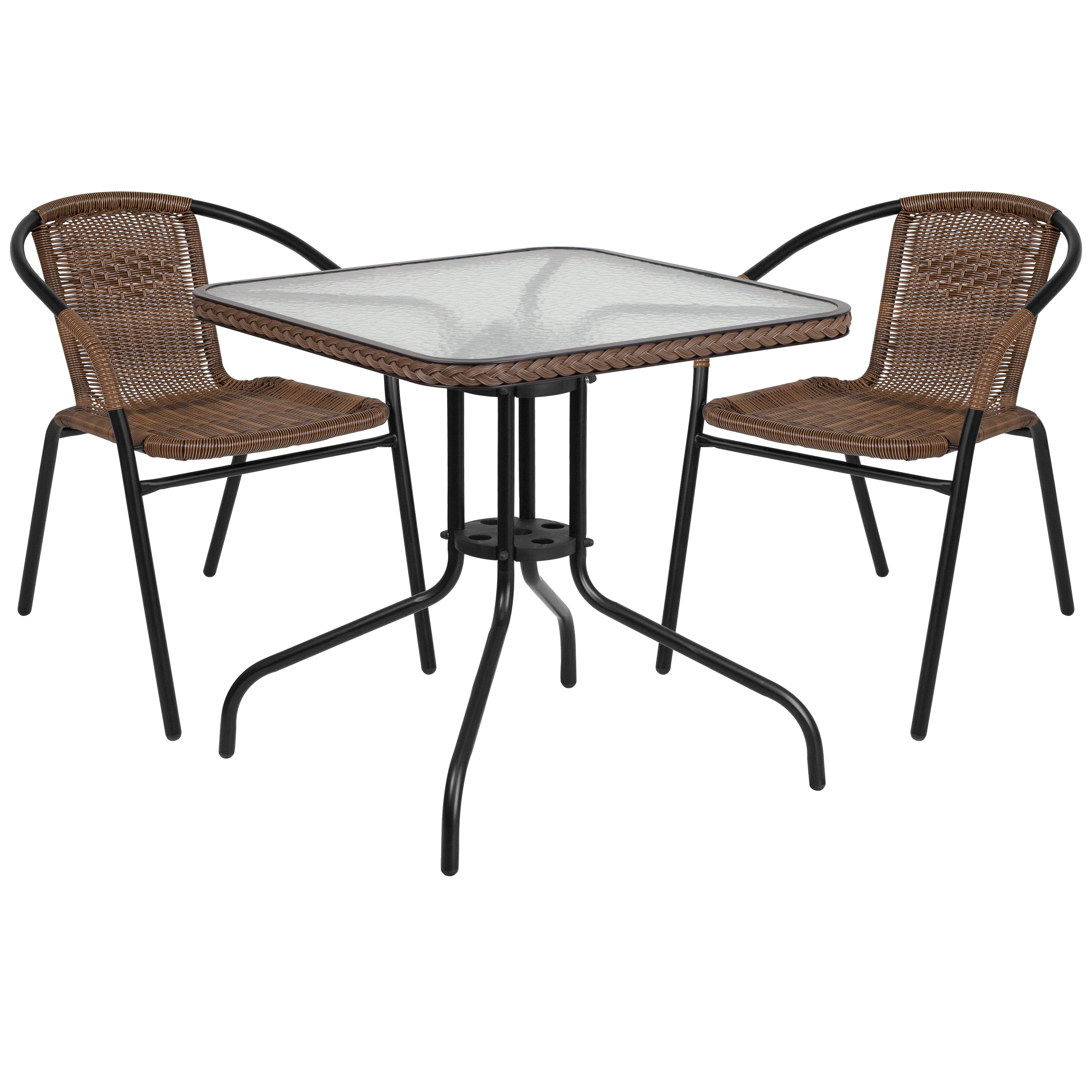 Lila 28'' Square Glass Metal Table with Dark Brown Rattan Edging and 2 Dark Brown Rattan Stack Chairs