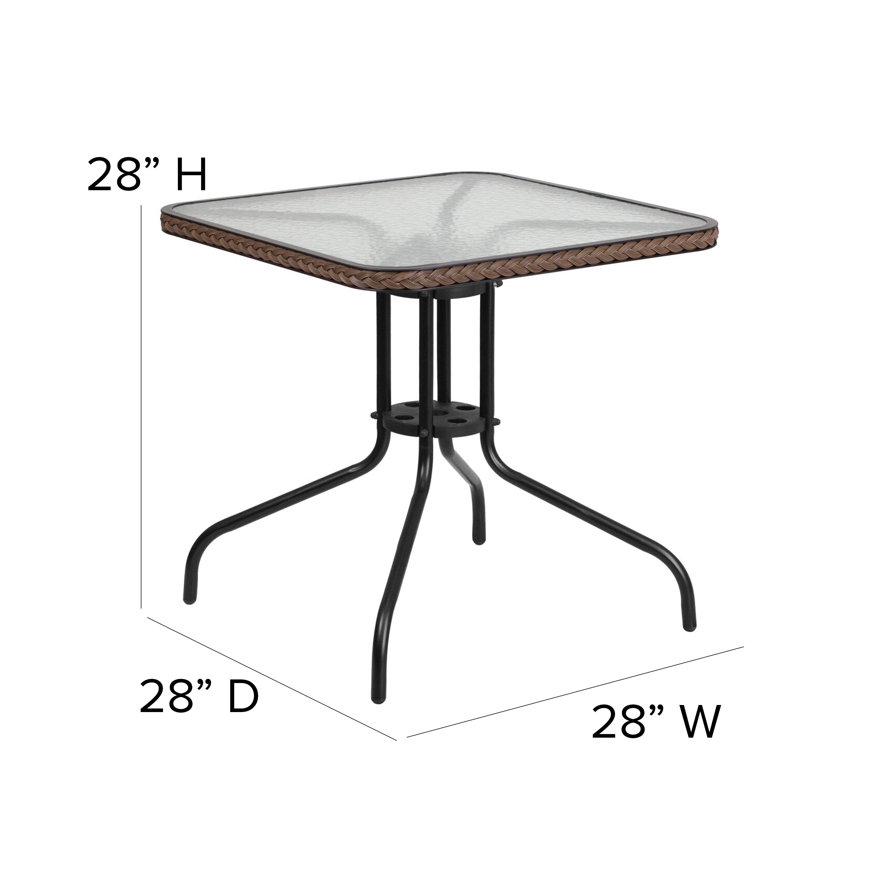 Lila 28'' Square Glass Metal Table with Dark Brown Rattan Edging and 2 Dark Brown Rattan Stack Chairs