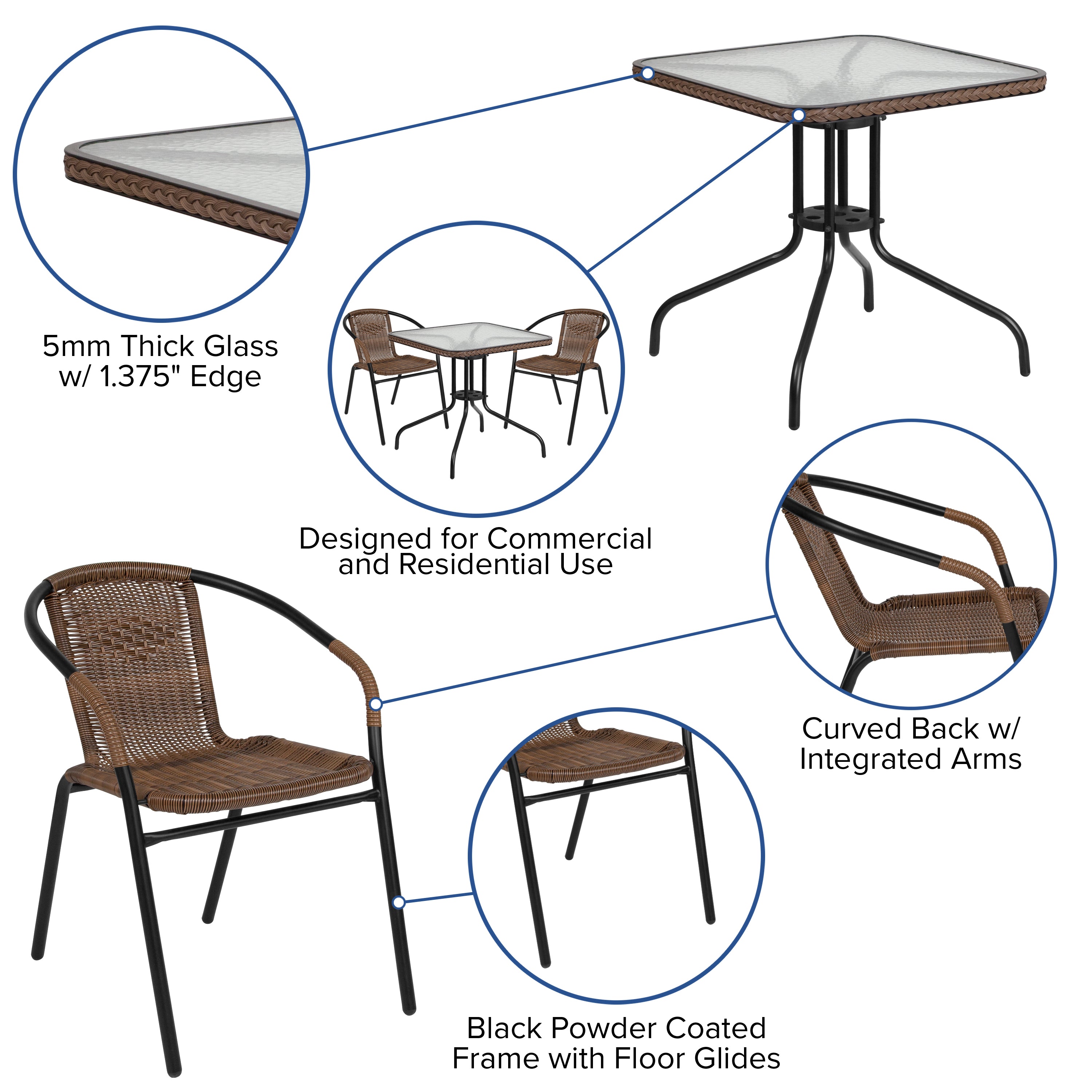 Lila 28'' Square Glass Metal Table with Dark Brown Rattan Edging and 2 Dark Brown Rattan Stack Chairs