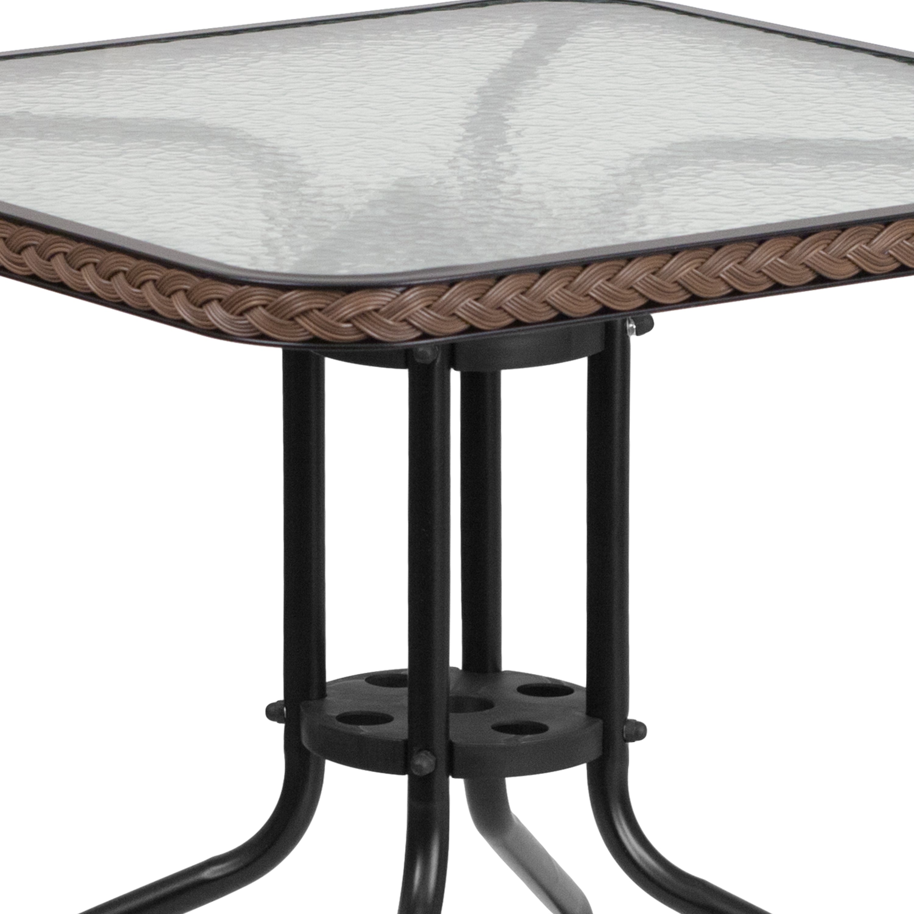 Lila 28'' Square Glass Metal Table with Dark Brown Rattan Edging and 2 Dark Brown Rattan Stack Chairs