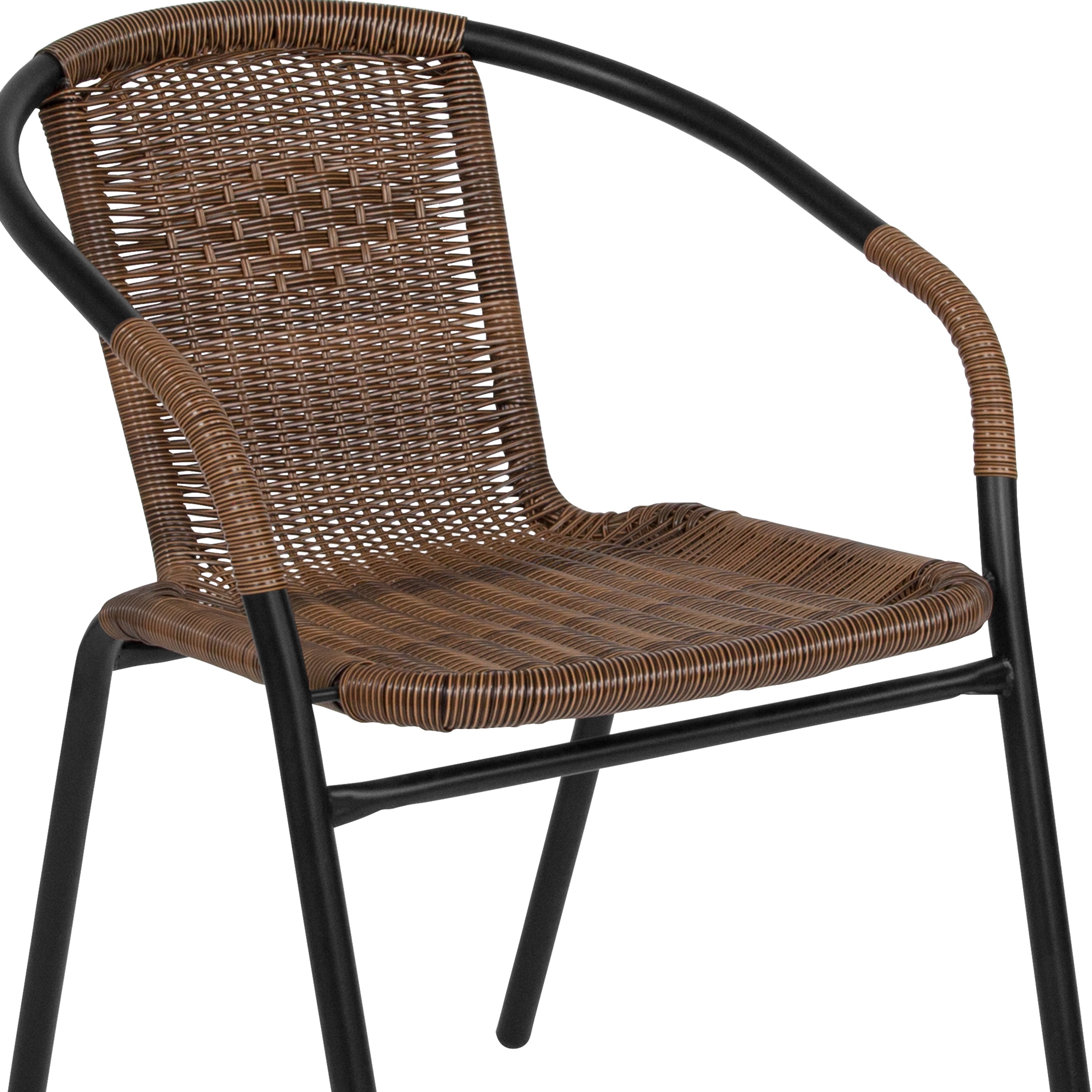 Lila 28'' Square Glass Metal Table with Dark Brown Rattan Edging and 2 Dark Brown Rattan Stack Chairs