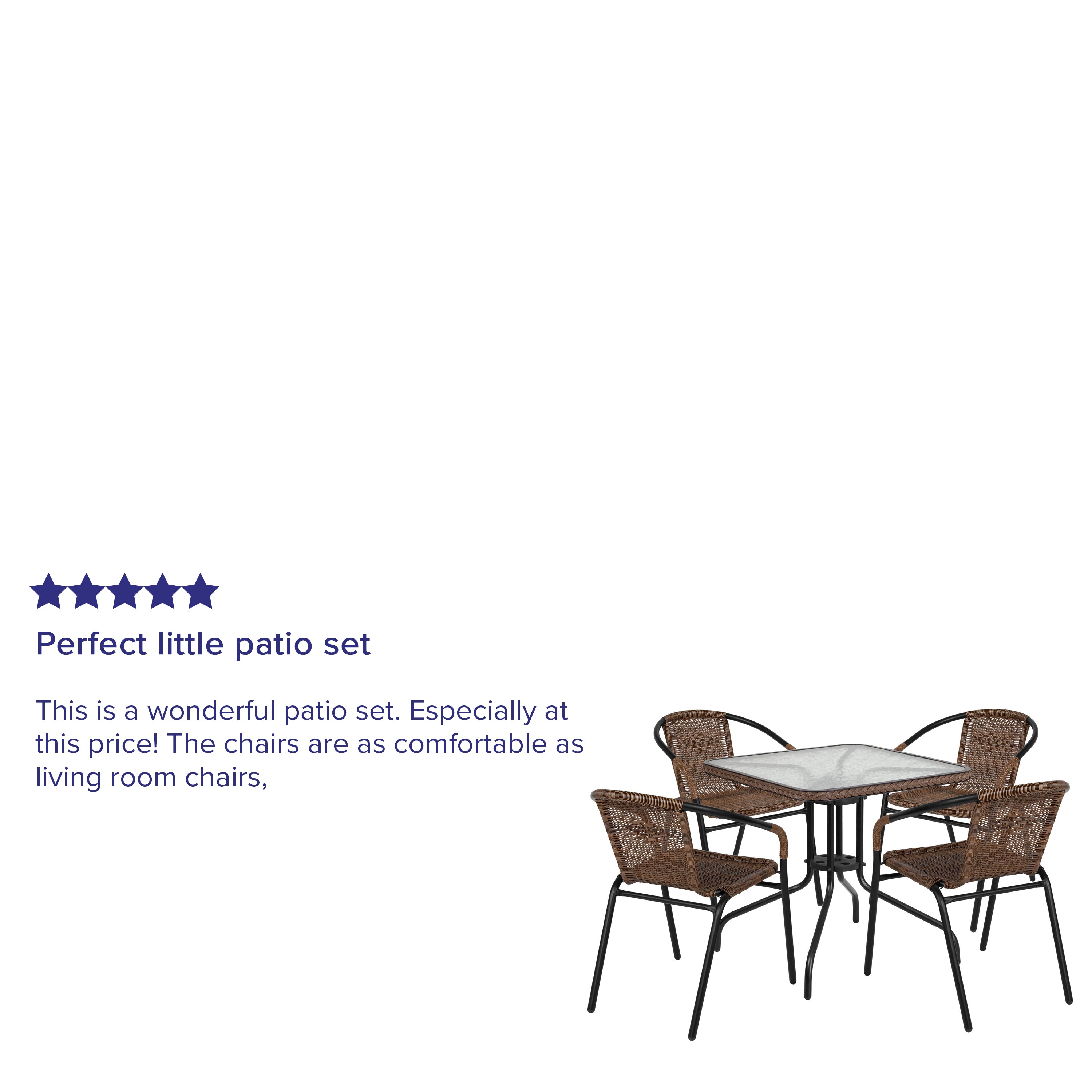 Lila 28'' Square Glass Metal Table with Dark Brown Rattan Edging and 4 Dark Brown Rattan Stack Chairs