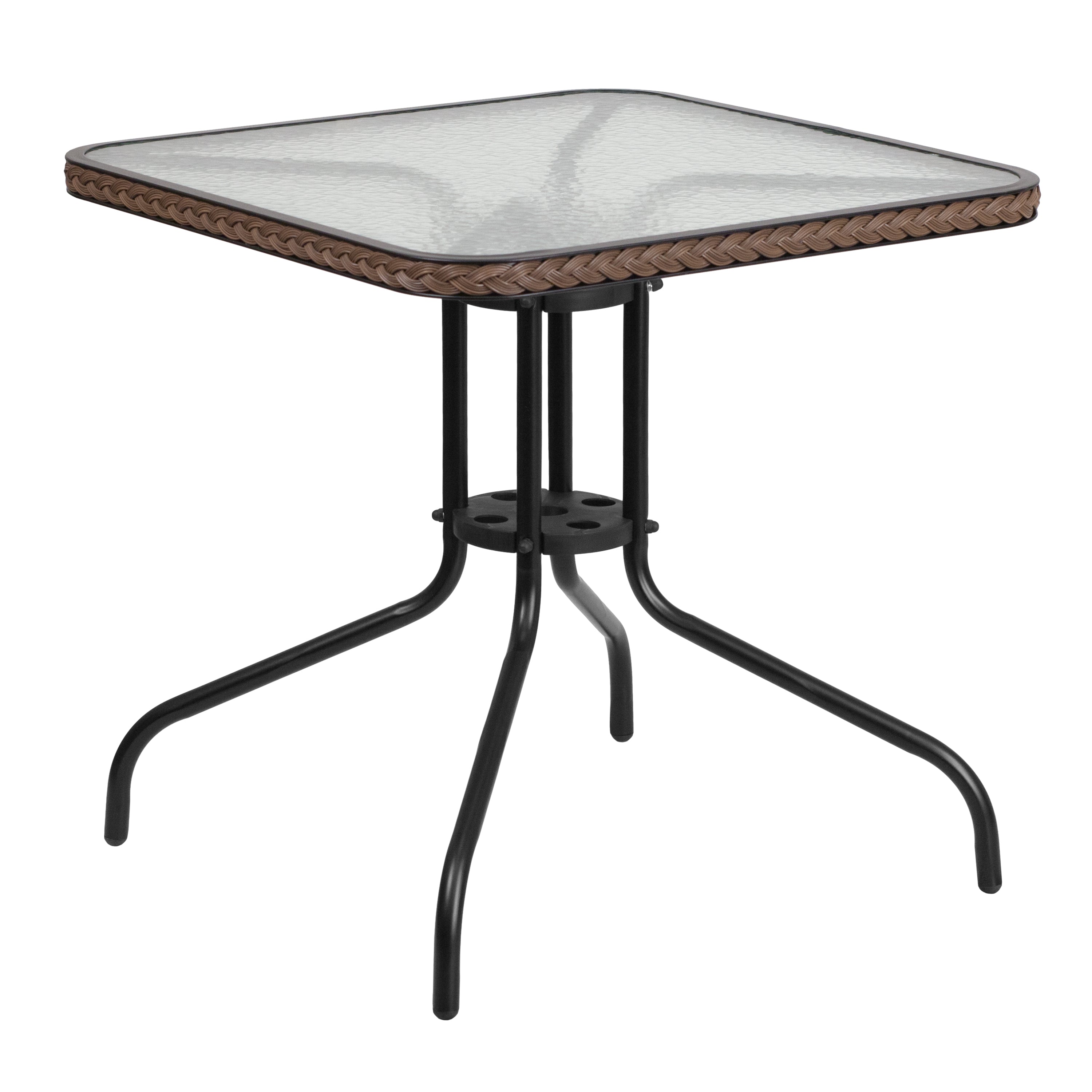 Lila 28'' Square Glass Metal Table with Dark Brown Rattan Edging and 4 Dark Brown Rattan Stack Chairs