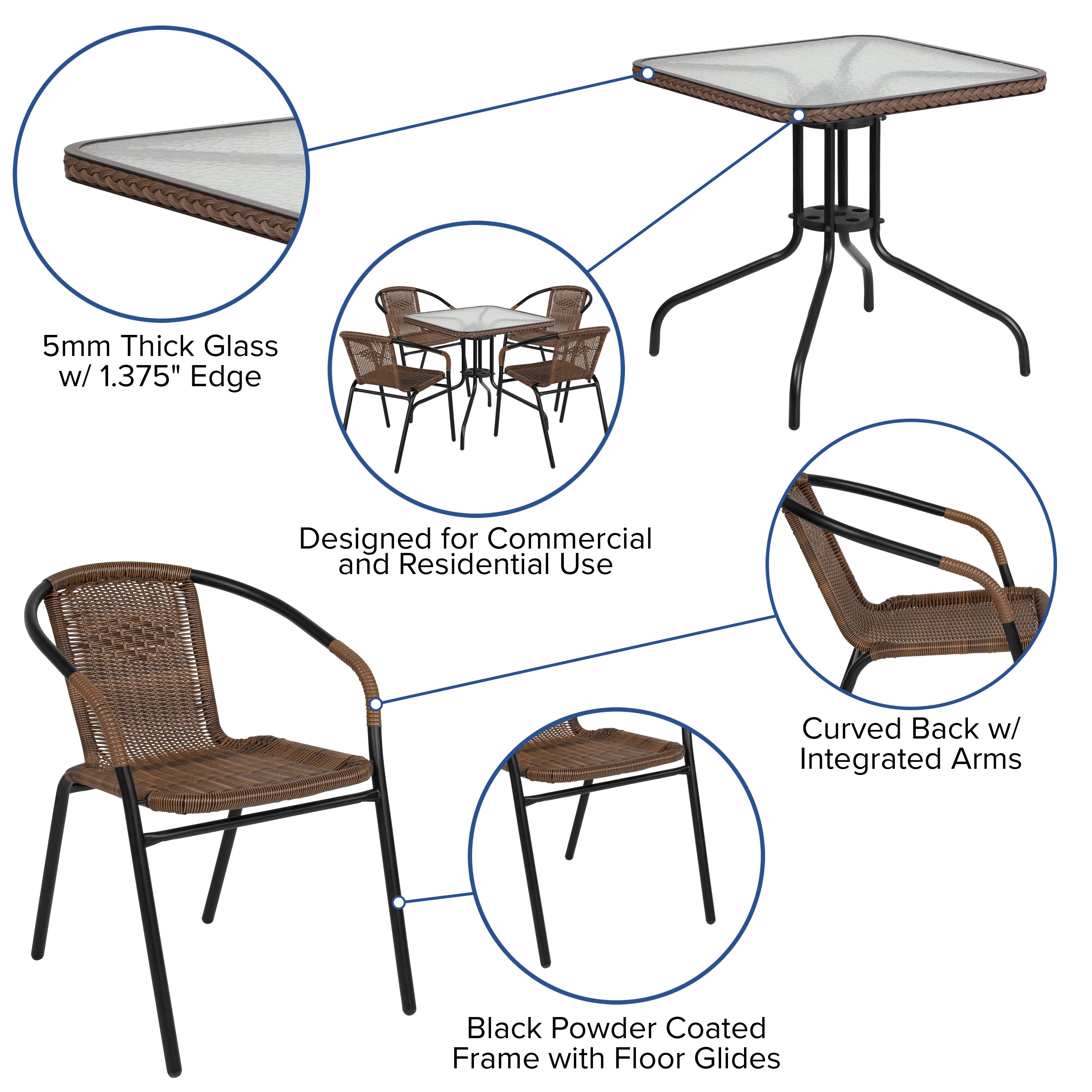 Lila 28'' Square Glass Metal Table with Dark Brown Rattan Edging and 4 Dark Brown Rattan Stack Chairs