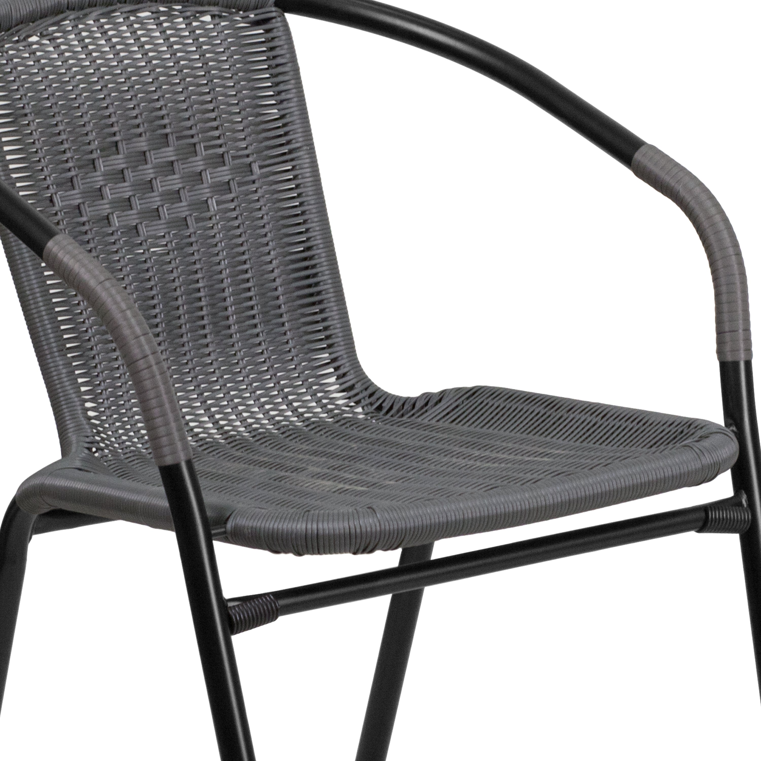 Lila 28'' Square Glass Metal Table with Gray Rattan Edging and 2 Gray Rattan Stack Chairs