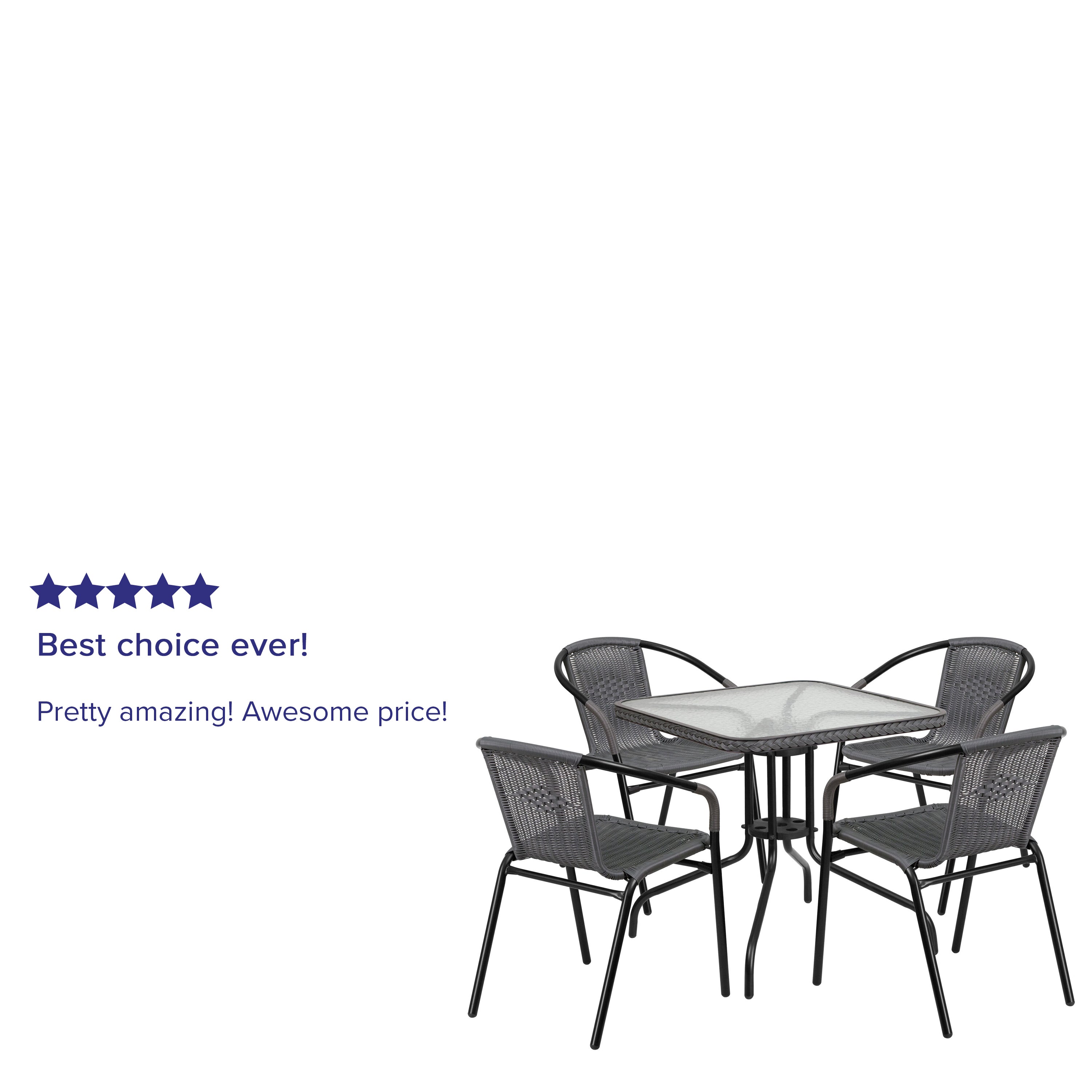 Lila 28'' Square Glass Metal Table with Gray Rattan Edging and 4 Gray Rattan Stack Chairs