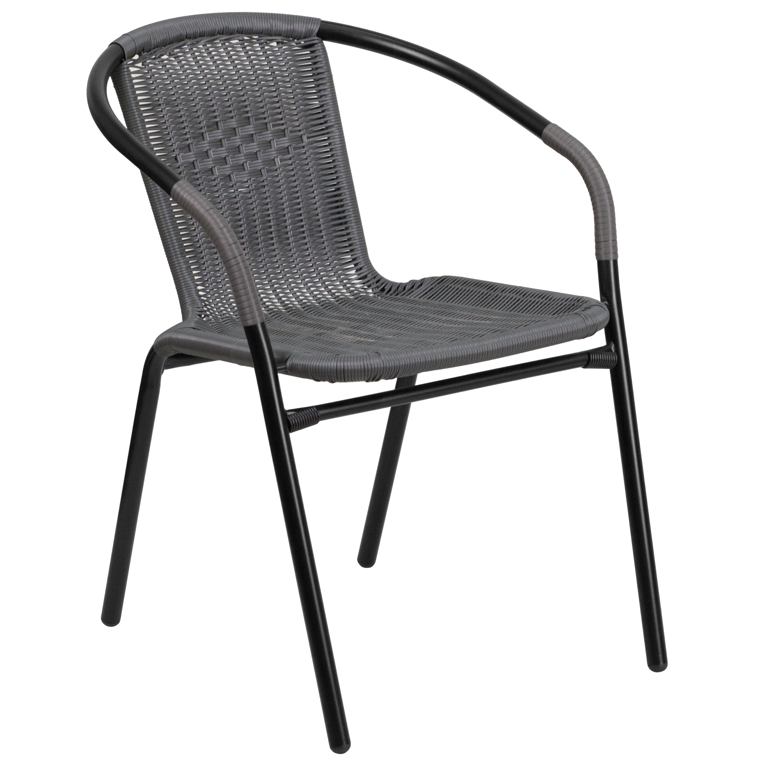 Lila 28'' Square Glass Metal Table with Gray Rattan Edging and 4 Gray Rattan Stack Chairs