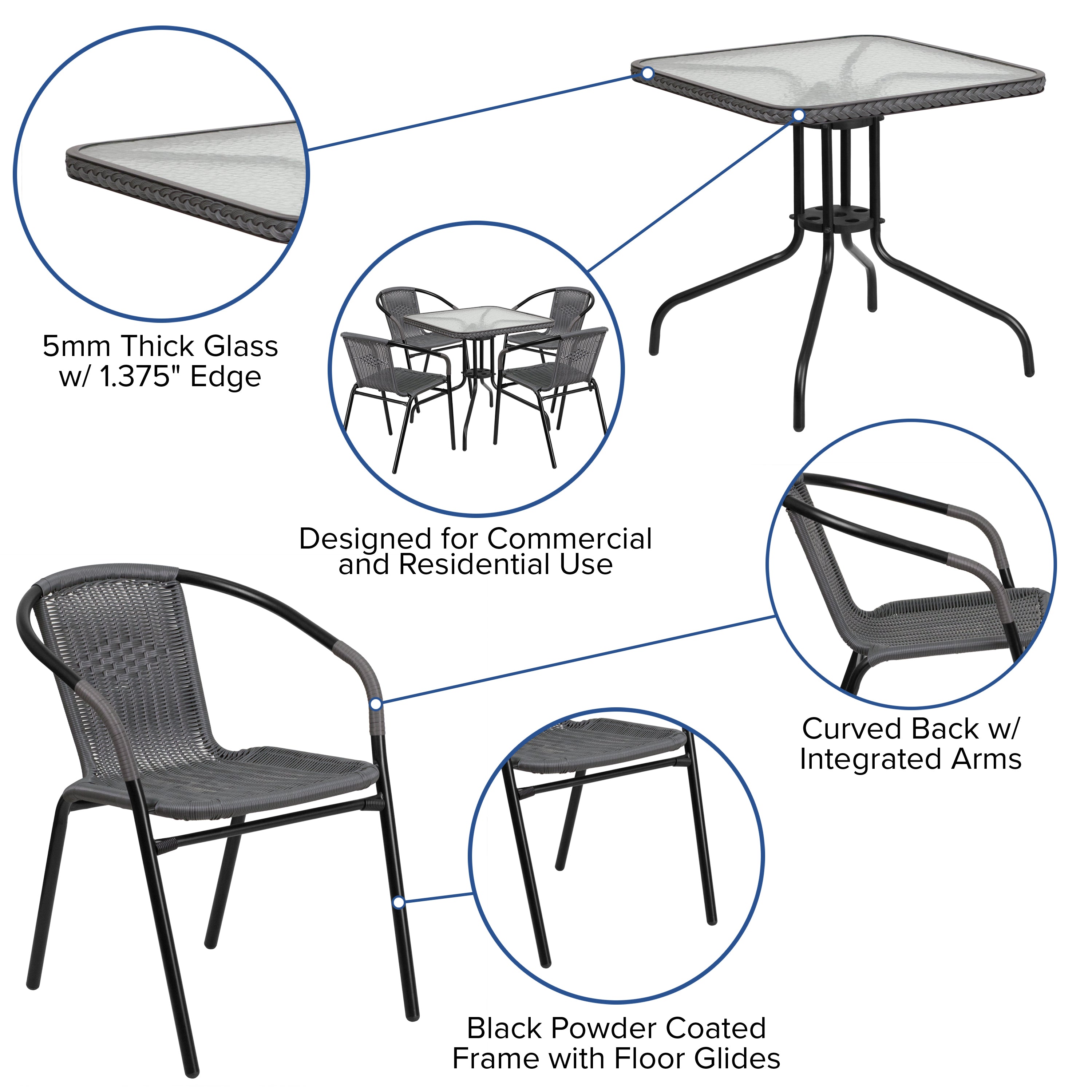 Lila 28'' Square Glass Metal Table with Gray Rattan Edging and 4 Gray Rattan Stack Chairs