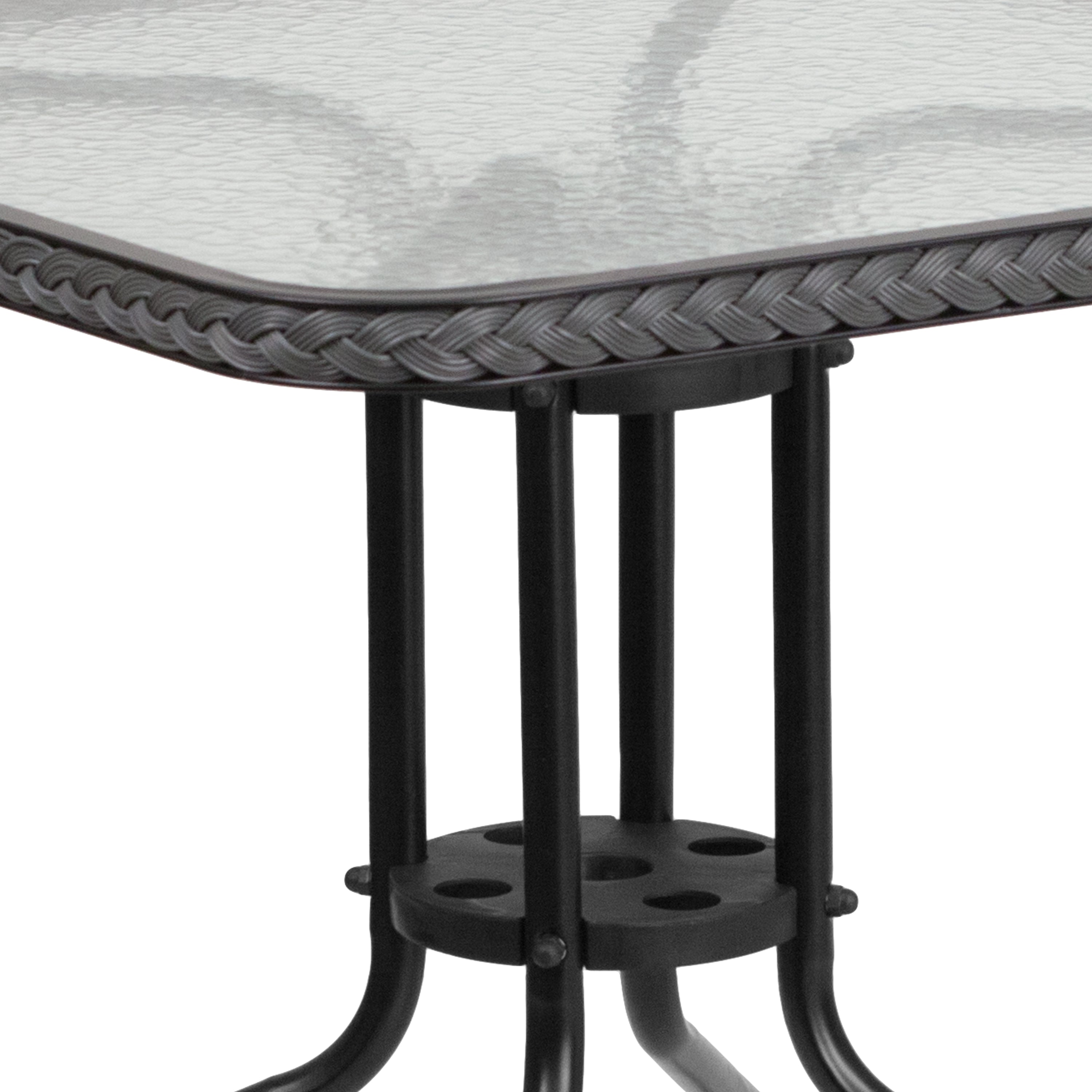 Lila 28'' Square Glass Metal Table with Gray Rattan Edging and 4 Gray Rattan Stack Chairs