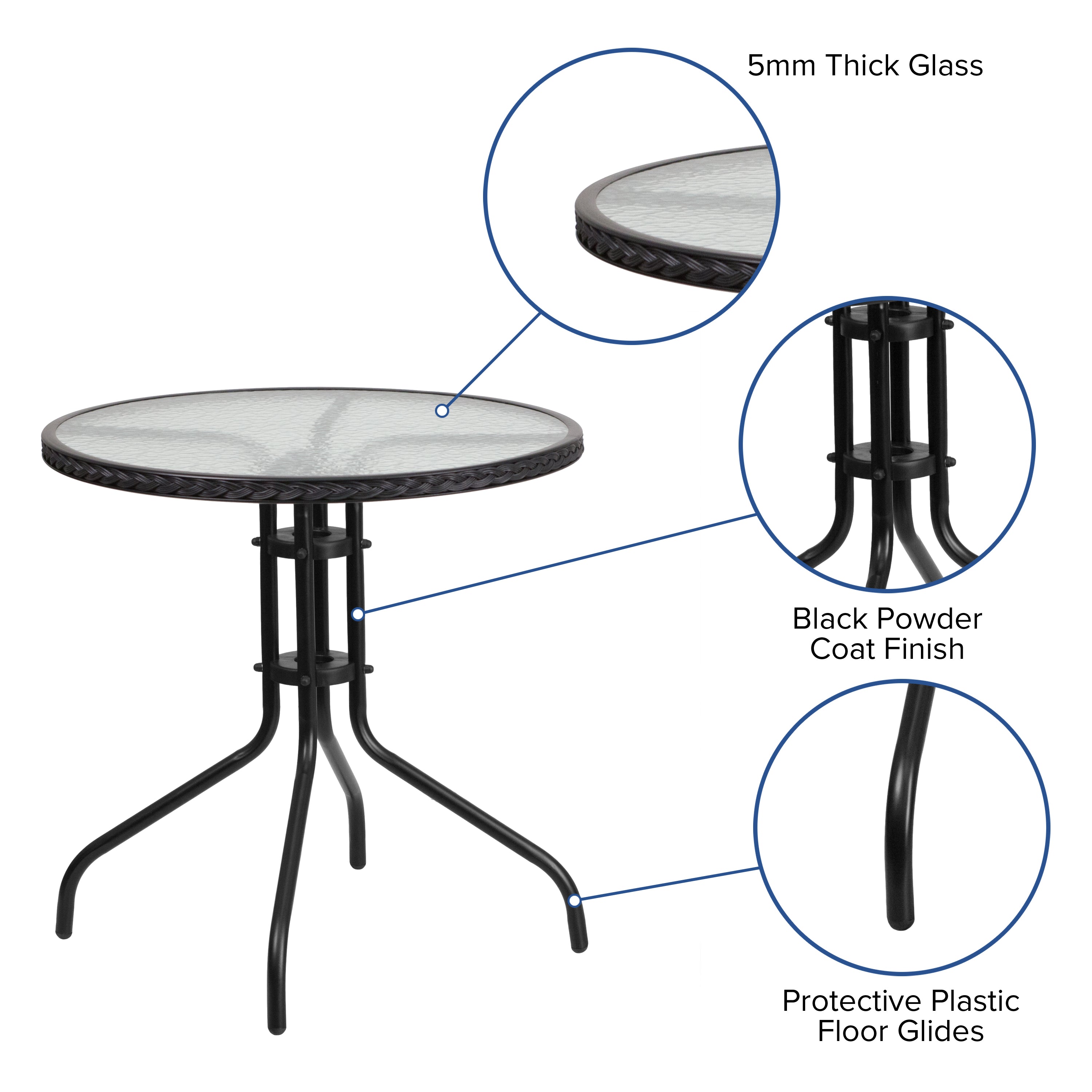 Barker 28'' Round Tempered Glass Metal Table with Black Rattan Edging