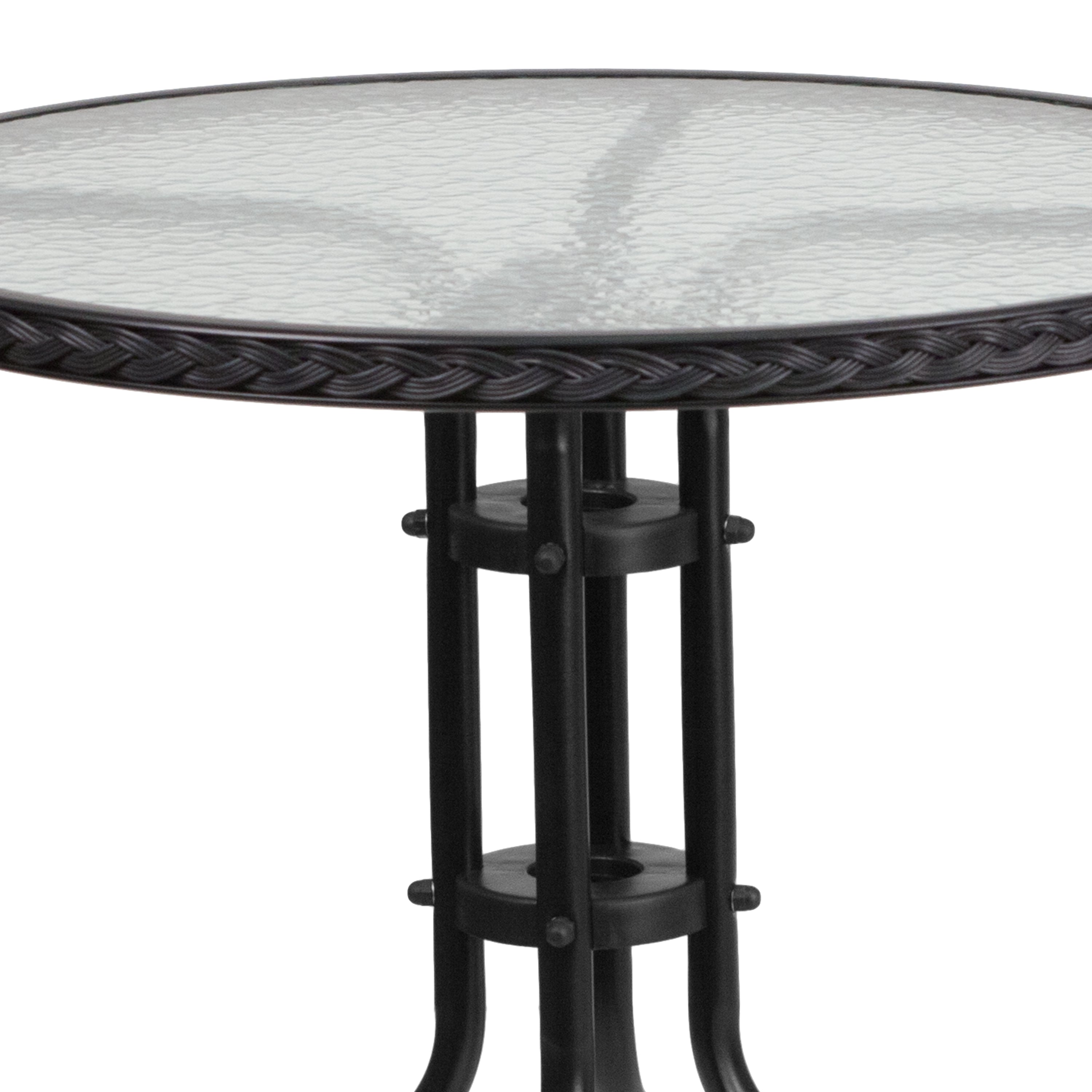 Barker 28'' Round Tempered Glass Metal Table with Black Rattan Edging
