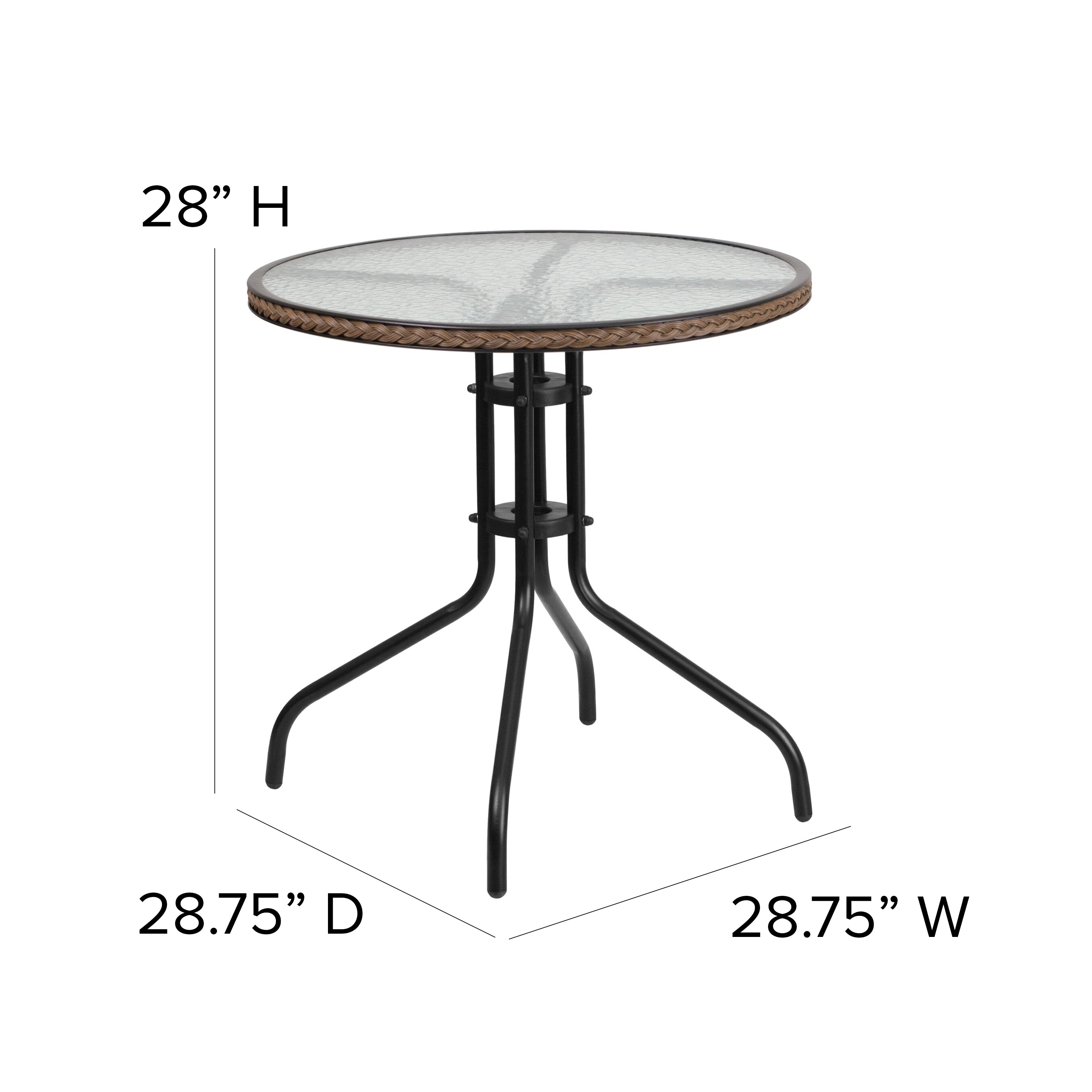 Barker 28'' Round Tempered Glass Metal Table with Dark Brown Rattan Edging