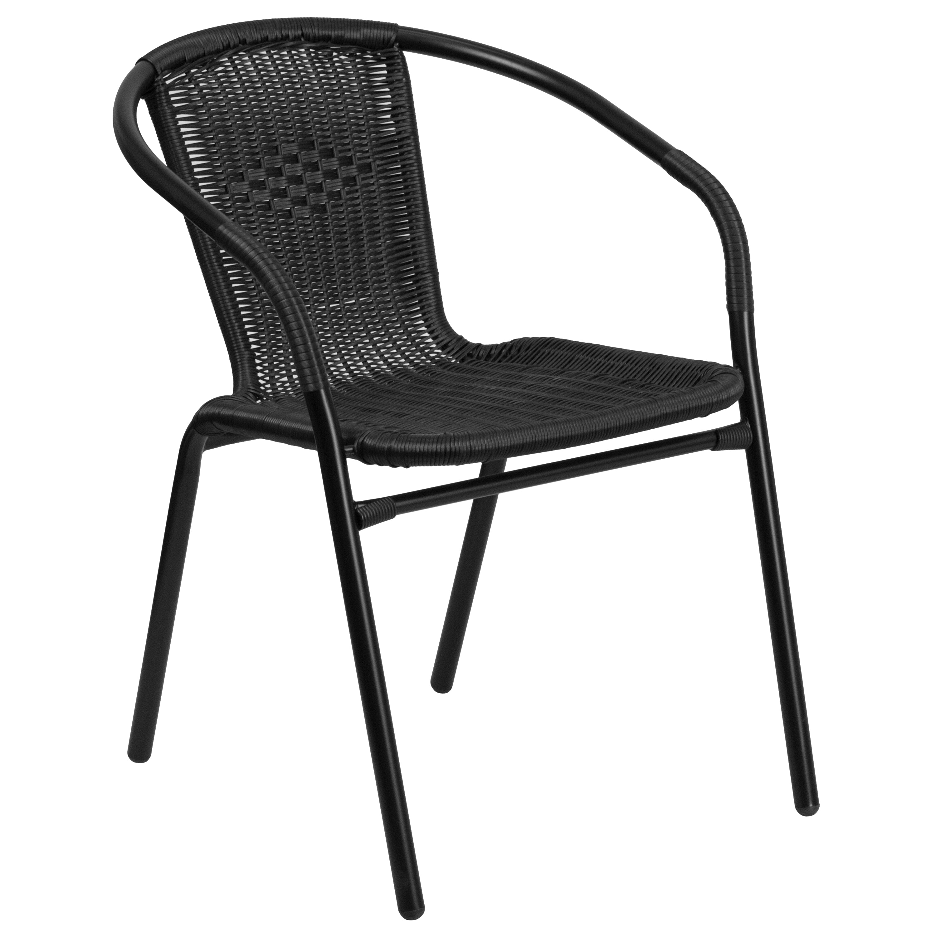 Lila 28'' Round Glass Metal Table with Black Rattan Edging and 2 Black Rattan Stack Chairs