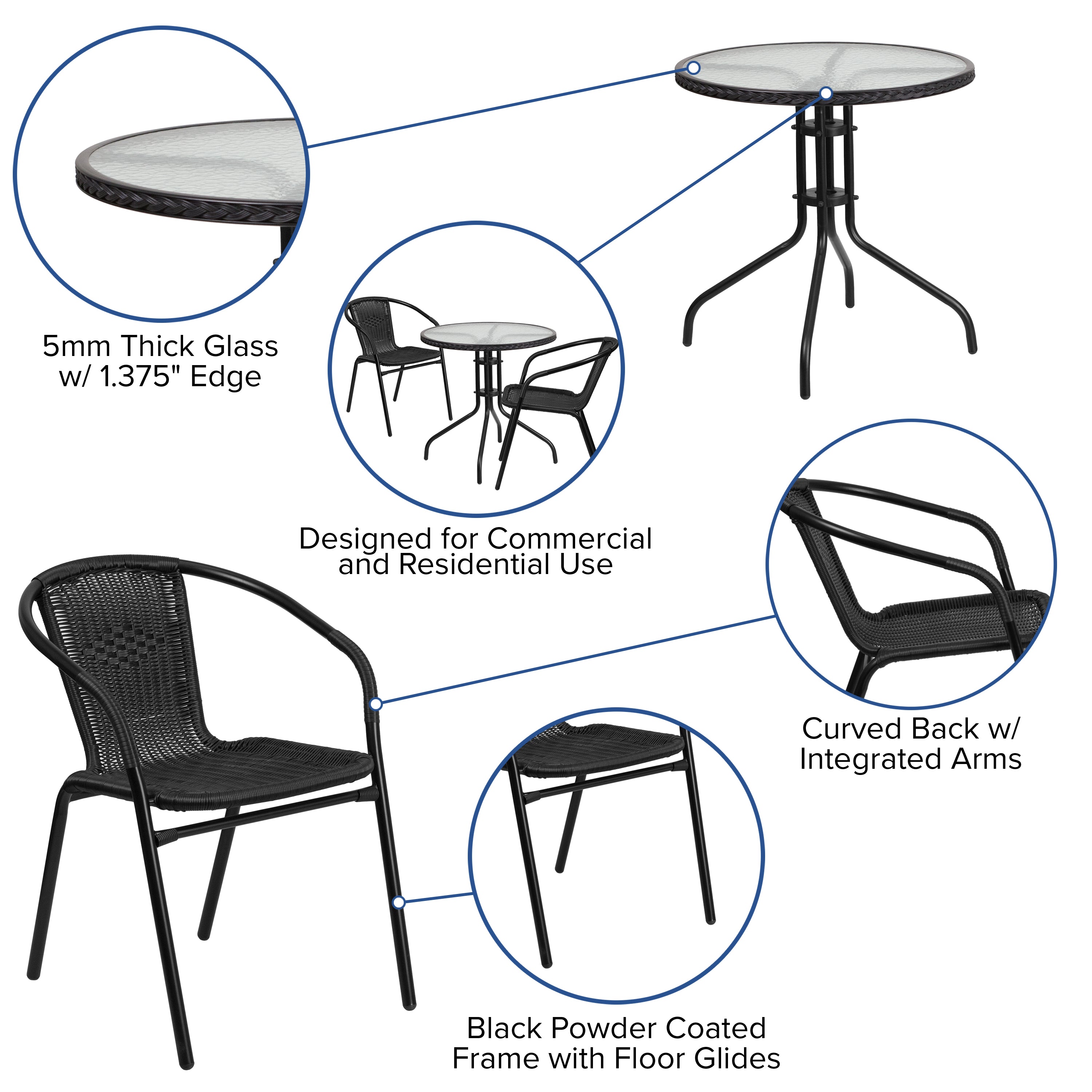 Lila 28'' Round Glass Metal Table with Black Rattan Edging and 2 Black Rattan Stack Chairs