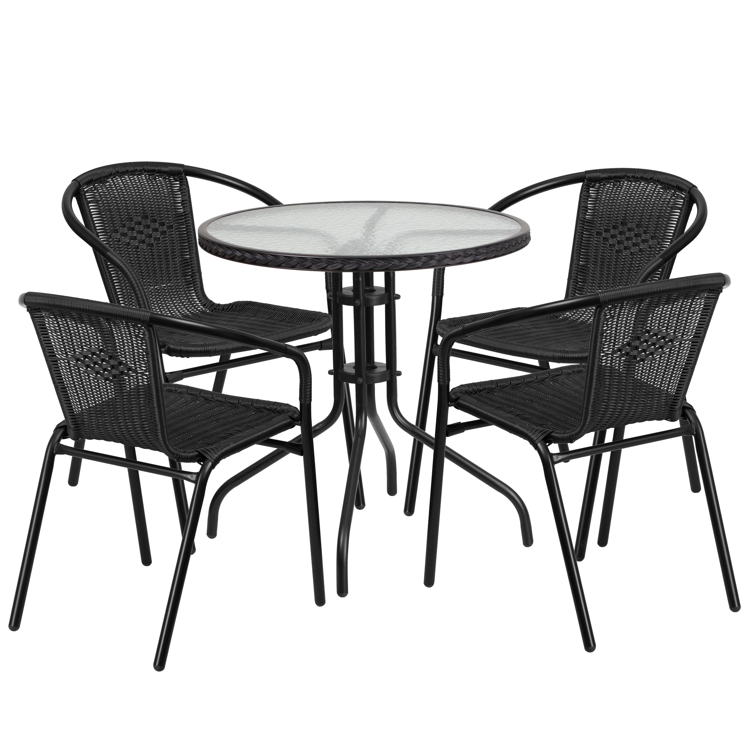 Lila 28'' Round Glass Metal Table with Black Rattan Edging and 4 Black Rattan Stack Chairs