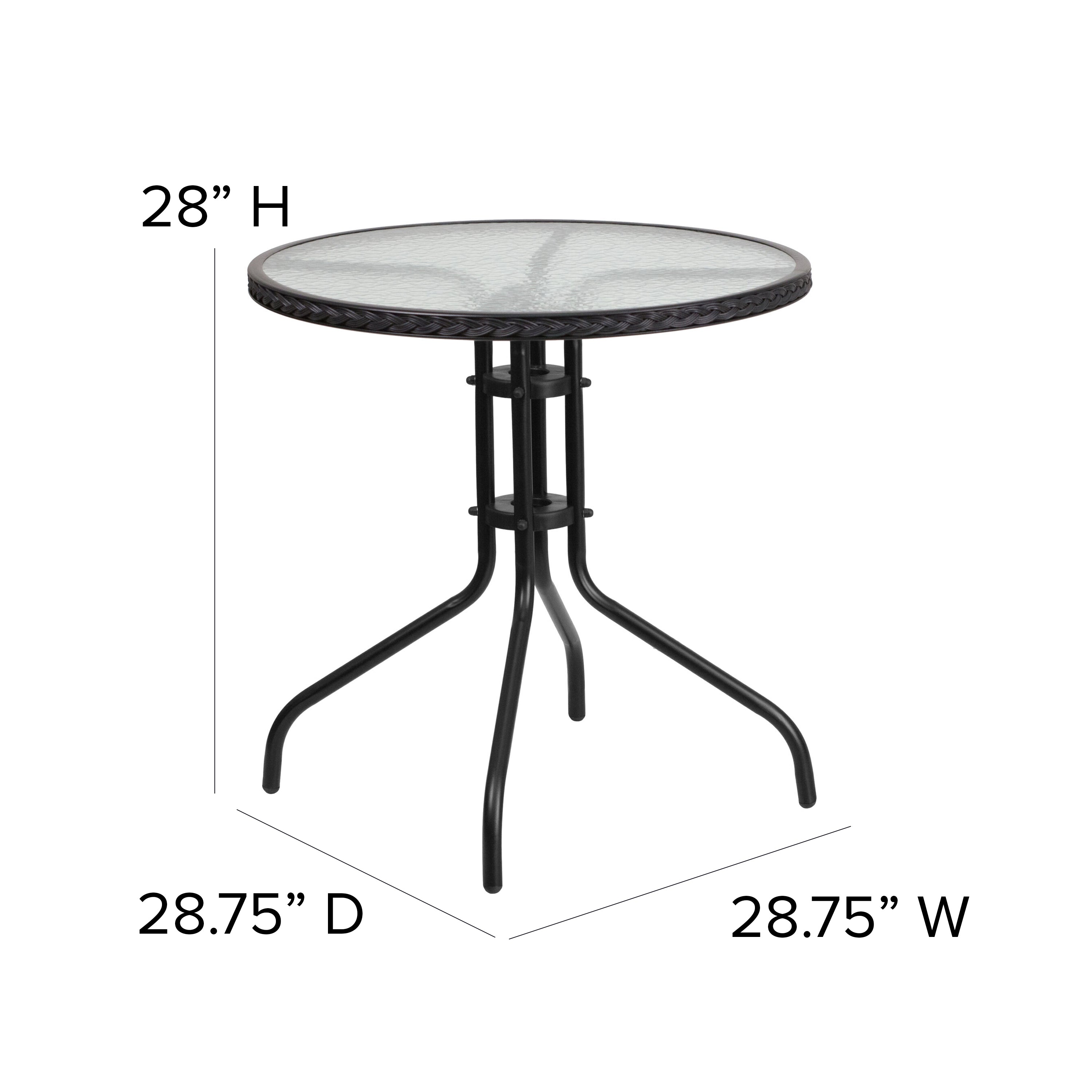 Lila 28'' Round Glass Metal Table with Black Rattan Edging and 4 Black Rattan Stack Chairs