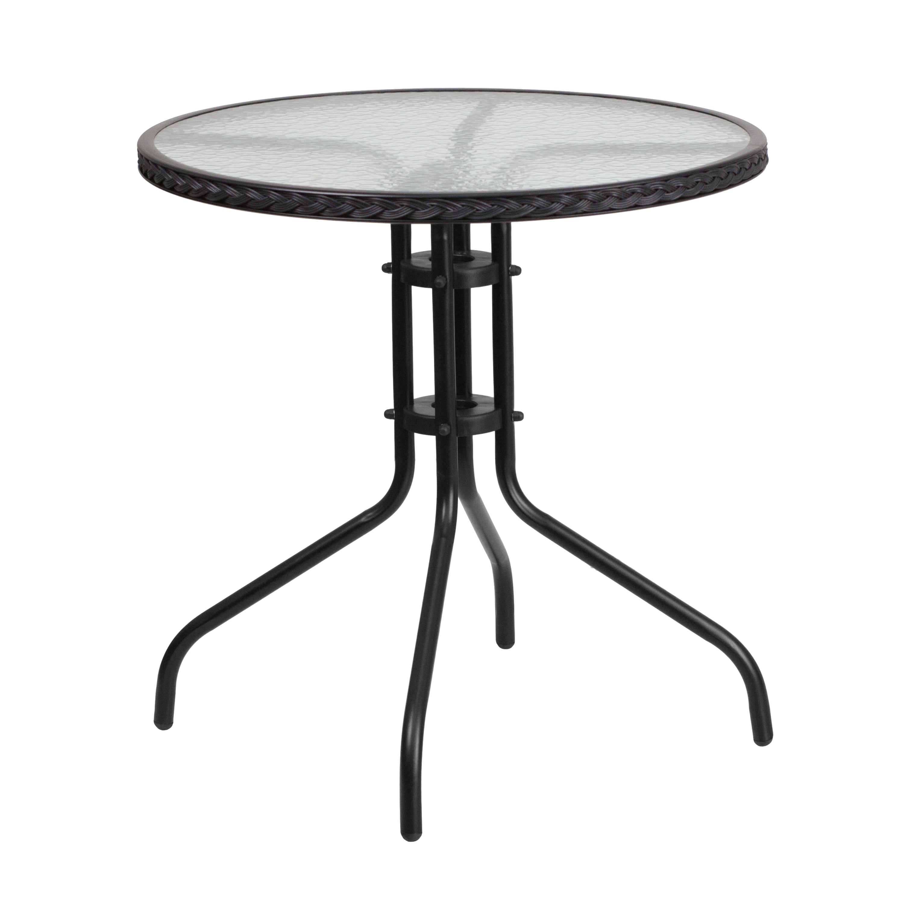Lila 28'' Round Glass Metal Table with Black Rattan Edging and 4 Black Rattan Stack Chairs