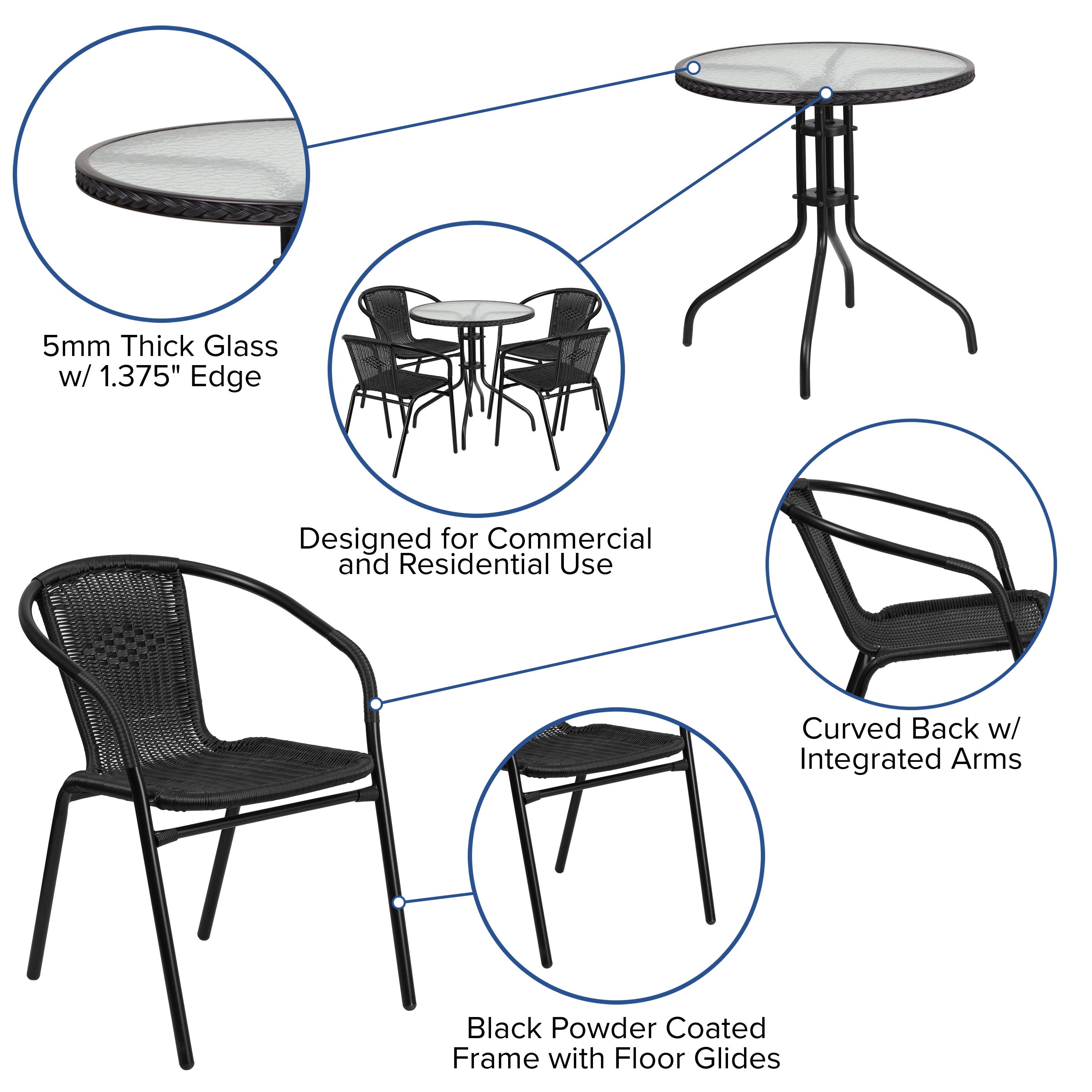 Lila 28'' Round Glass Metal Table with Black Rattan Edging and 4 Black Rattan Stack Chairs