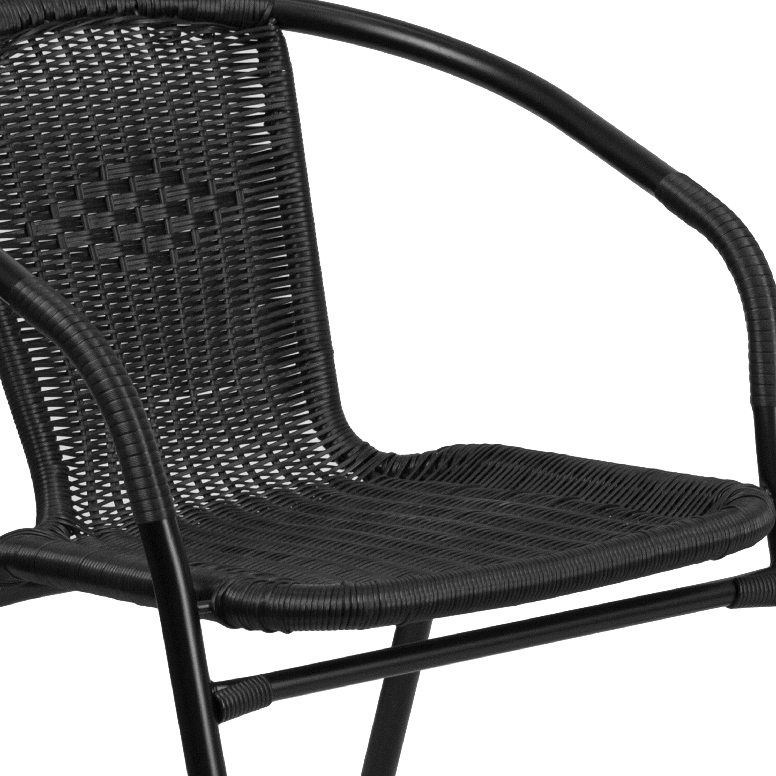 Lila 28'' Round Glass Metal Table with Black Rattan Edging and 4 Black Rattan Stack Chairs