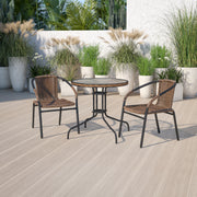 Lila 28'' Round Glass Metal Table with Dark Brown Rattan Edging and 2 Dark Brown Rattan Stack Chairs