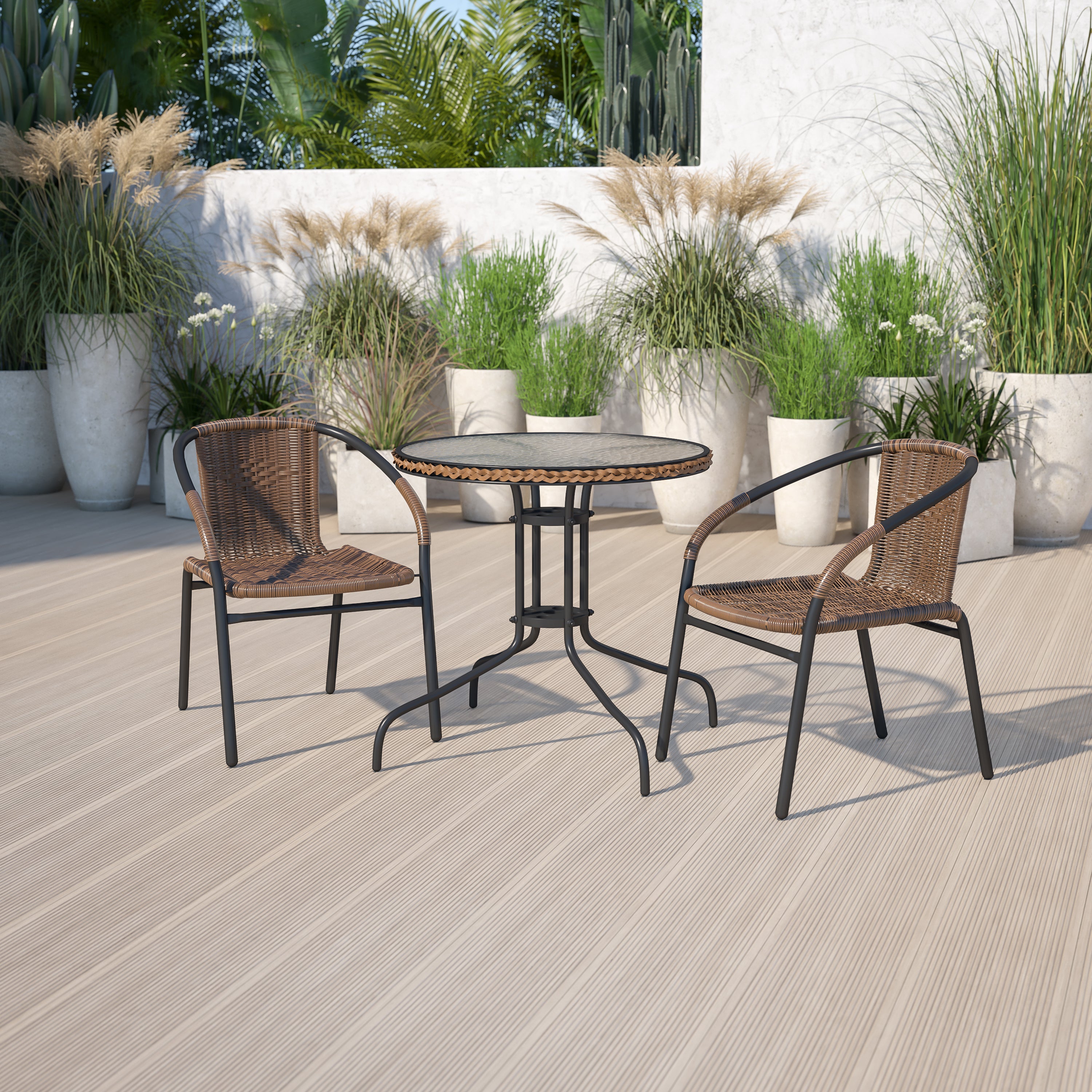 Lila 28'' Round Glass Metal Table with Dark Brown Rattan Edging and 2 Dark Brown Rattan Stack Chairs
