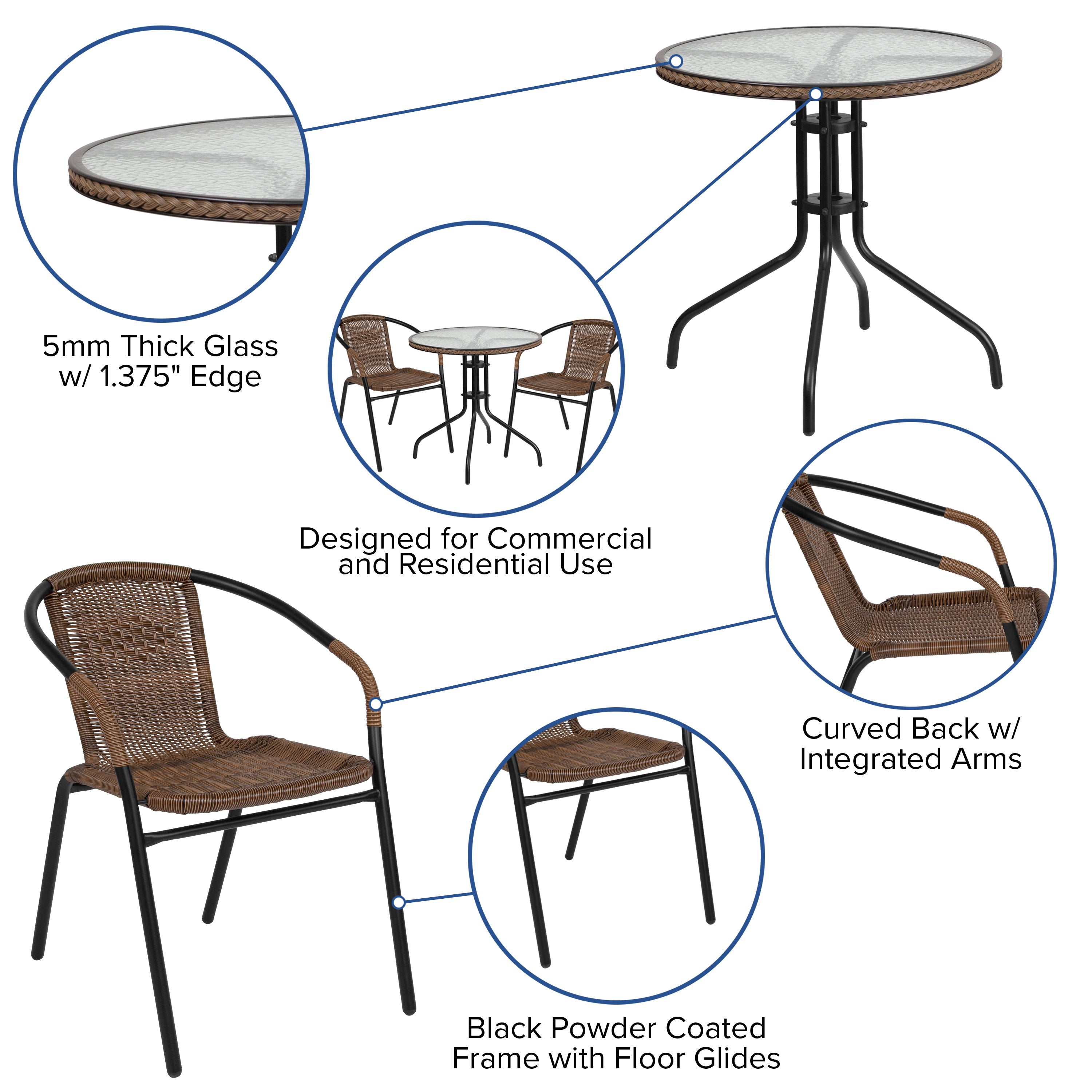 Lila 28'' Round Glass Metal Table with Dark Brown Rattan Edging and 2 Dark Brown Rattan Stack Chairs
