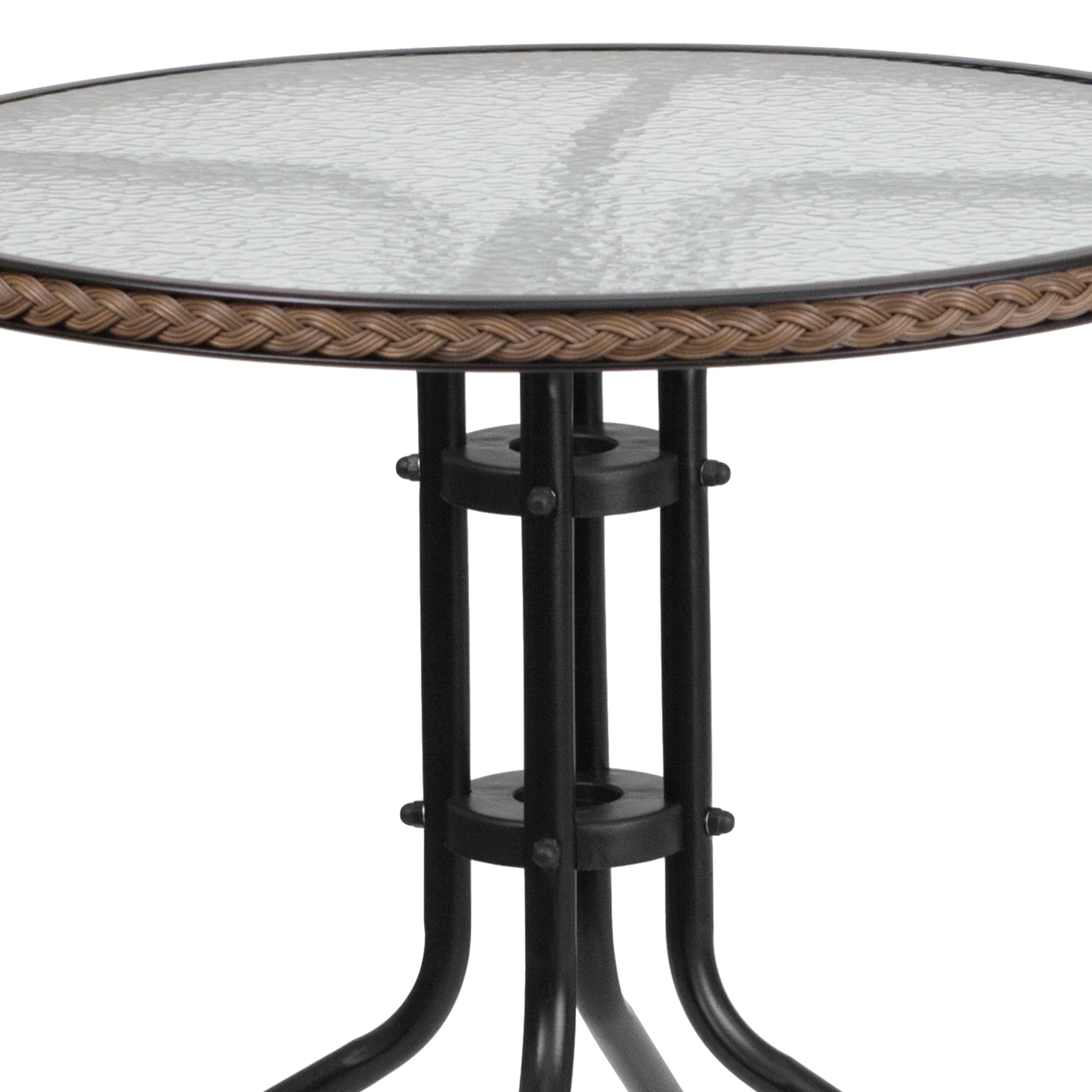 Lila 28'' Round Glass Metal Table with Dark Brown Rattan Edging and 2 Dark Brown Rattan Stack Chairs