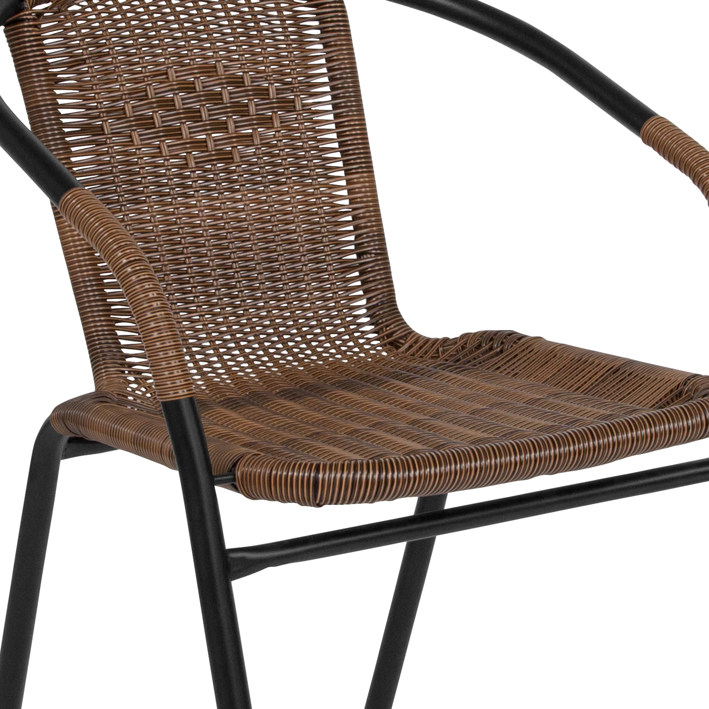 Lila 28'' Round Glass Metal Table with Dark Brown Rattan Edging and 2 Dark Brown Rattan Stack Chairs