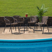 Lila 28'' Round Glass Metal Table with Dark Brown Rattan Edging and 4 Dark Brown Rattan Stack Chairs