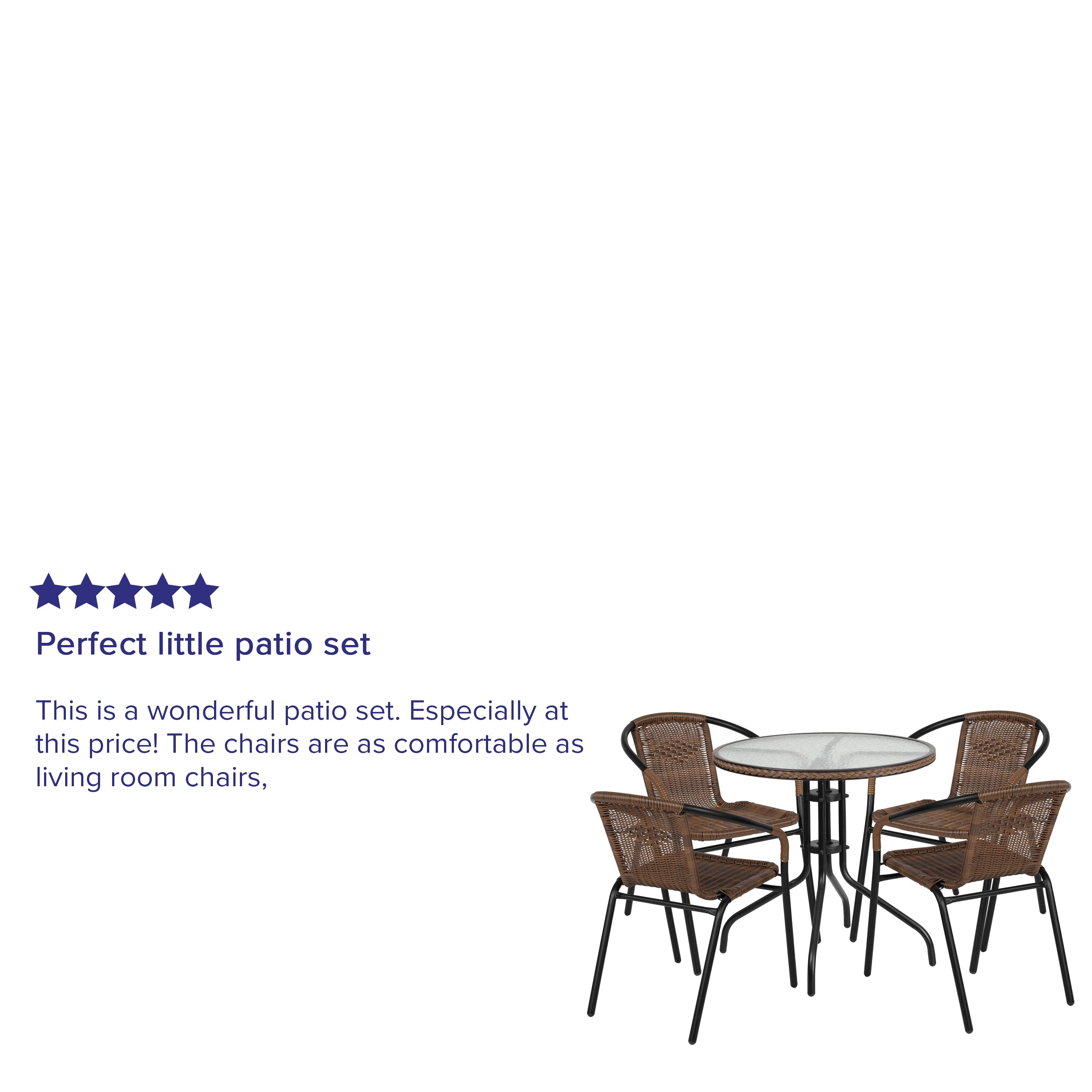 Lila 28'' Round Glass Metal Table with Dark Brown Rattan Edging and 4 Dark Brown Rattan Stack Chairs