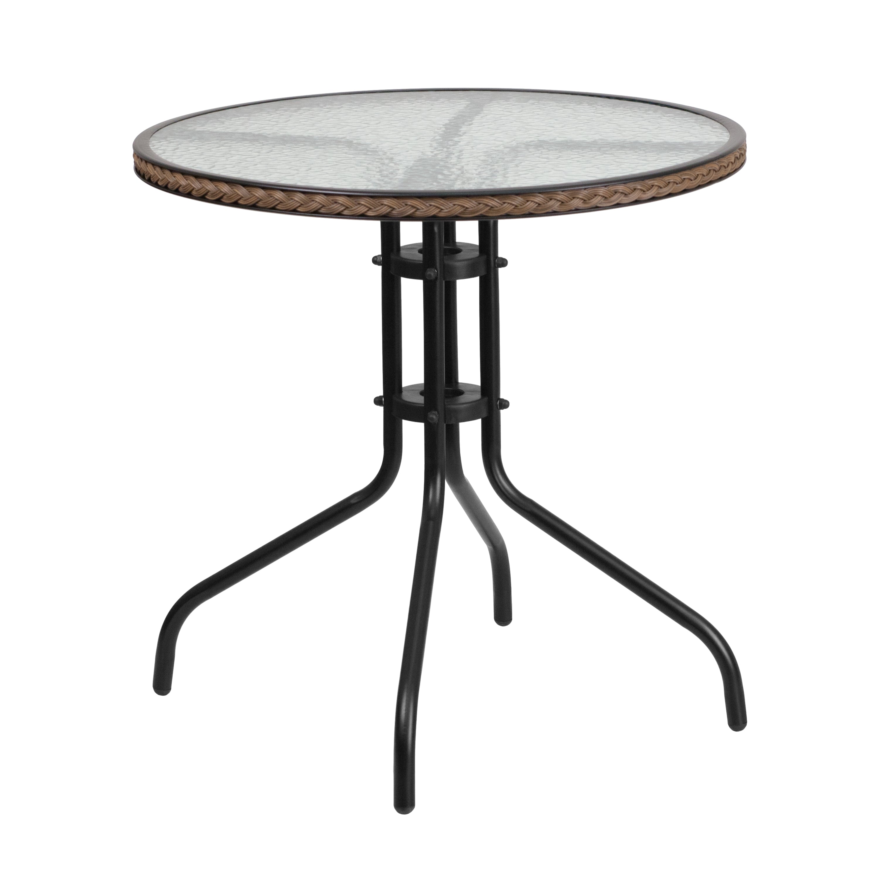 Lila 28'' Round Glass Metal Table with Dark Brown Rattan Edging and 4 Dark Brown Rattan Stack Chairs