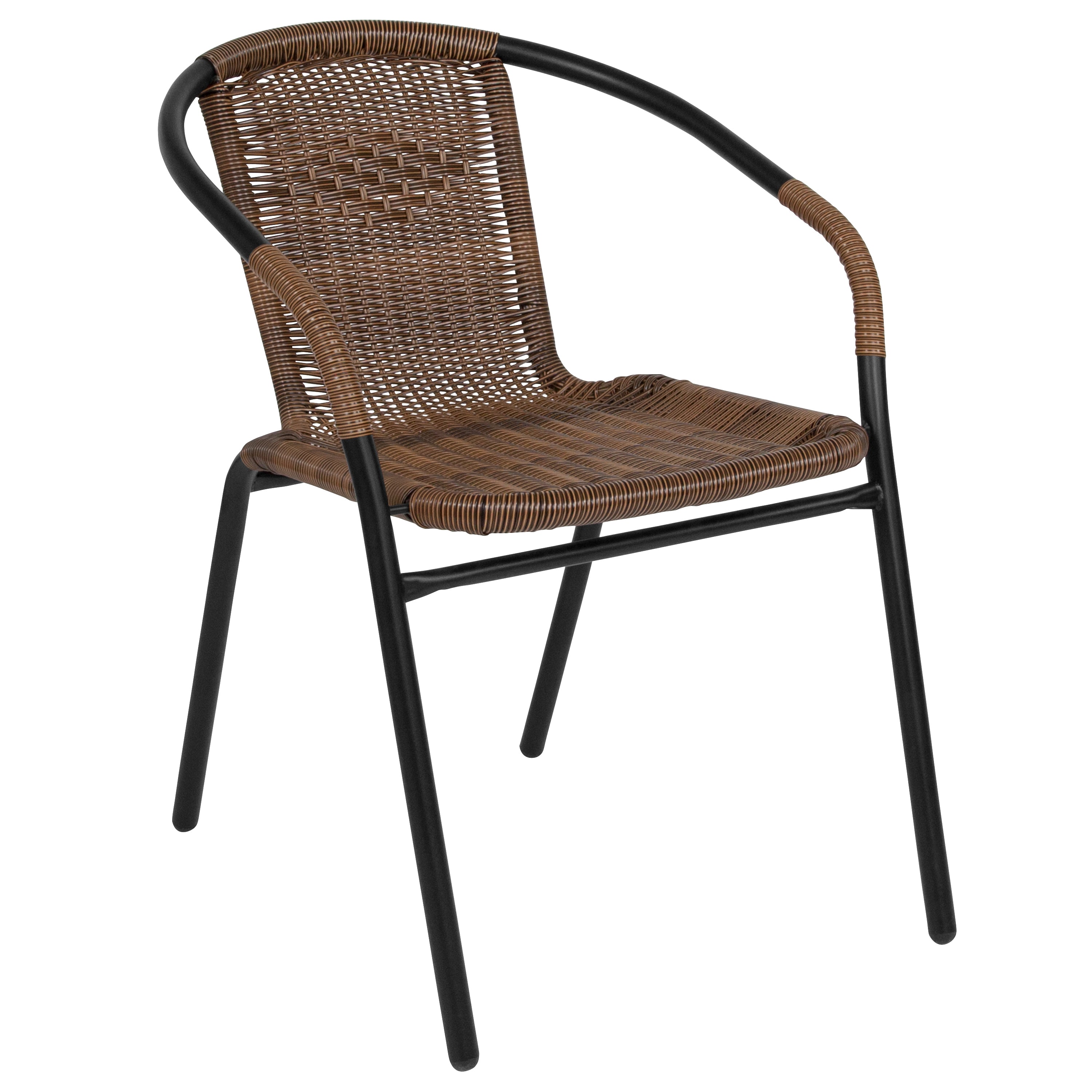 Lila 28'' Round Glass Metal Table with Dark Brown Rattan Edging and 4 Dark Brown Rattan Stack Chairs