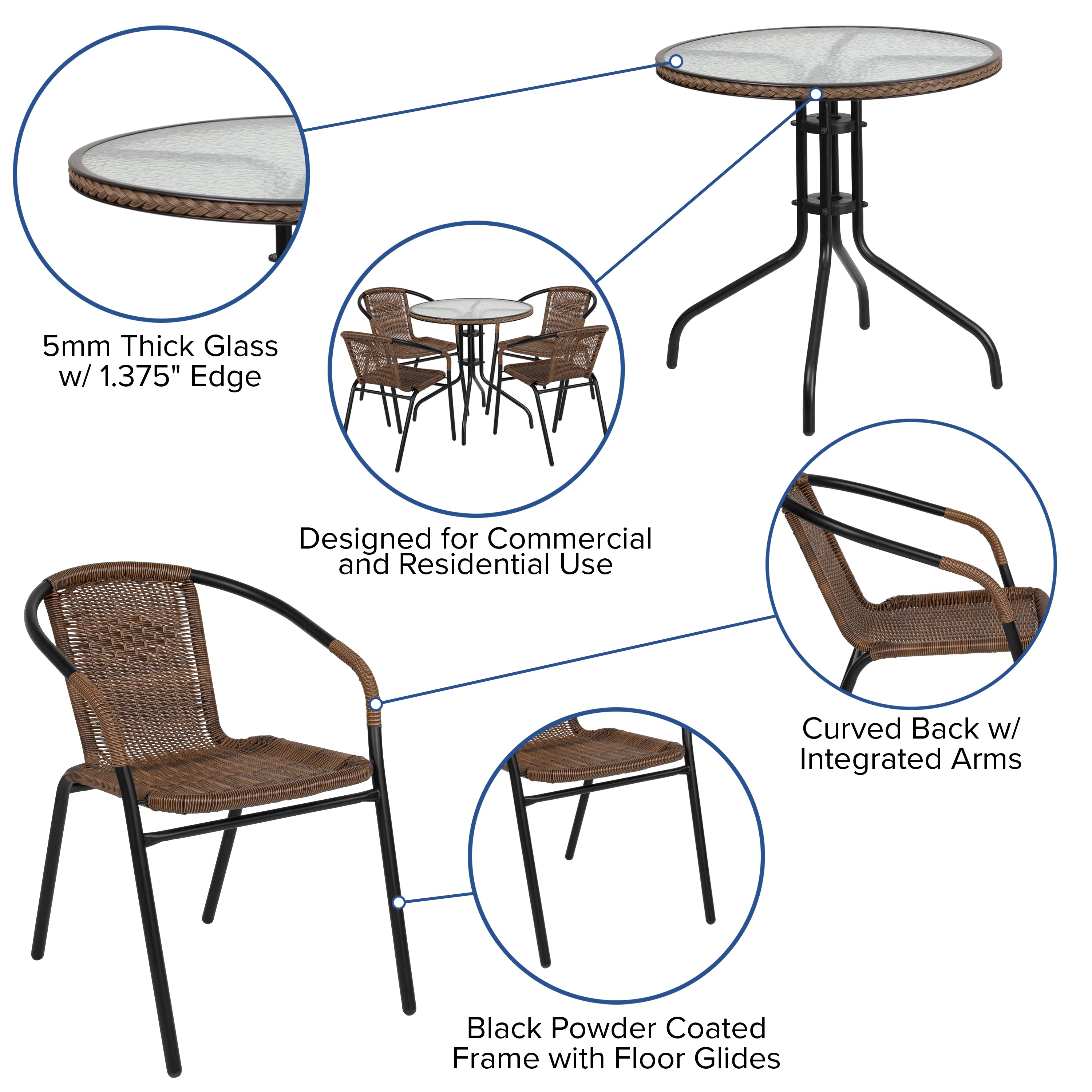 Lila 28'' Round Glass Metal Table with Dark Brown Rattan Edging and 4 Dark Brown Rattan Stack Chairs