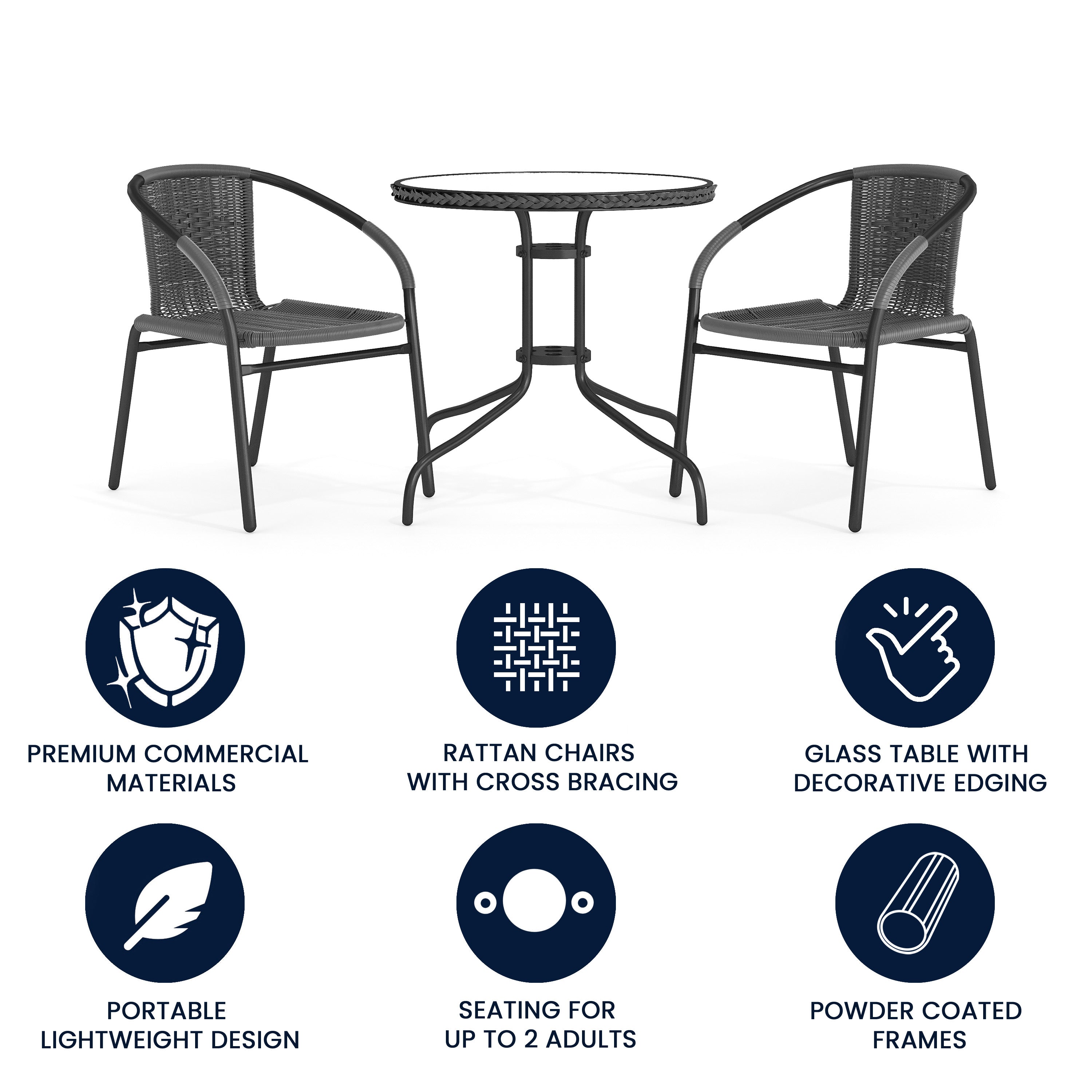 Lila 28'' Round Glass Metal Table with Gray Rattan Edging and 2 Gray Rattan Stack Chairs