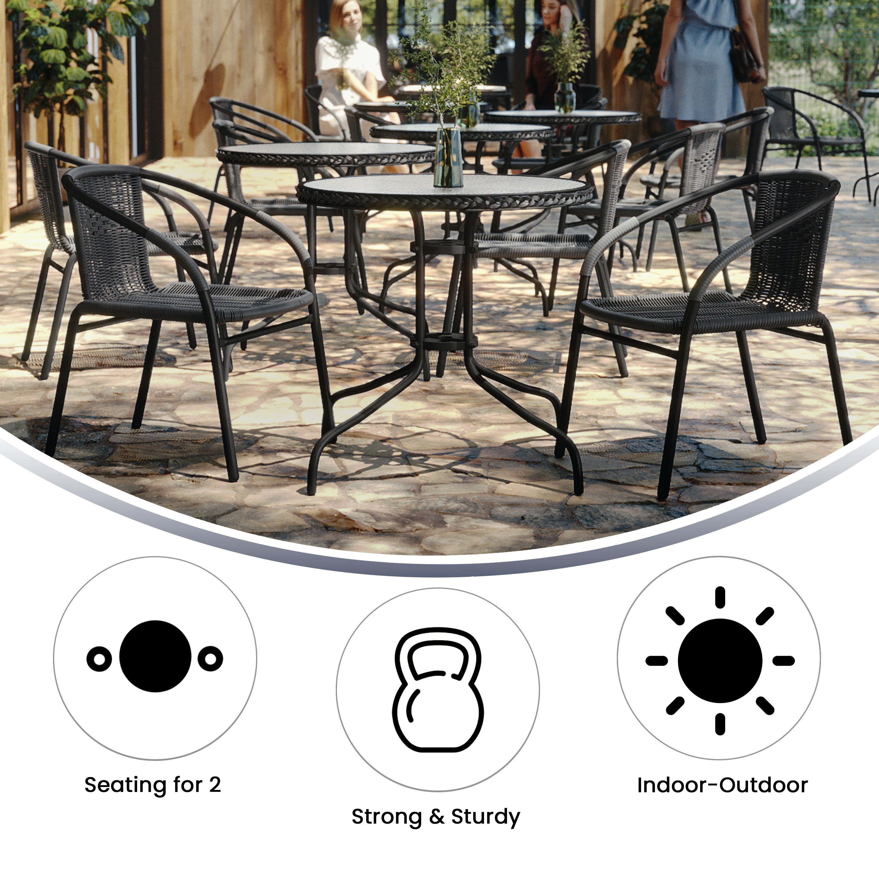 Lila 28'' Round Glass Metal Table with Gray Rattan Edging and 2 Gray Rattan Stack Chairs