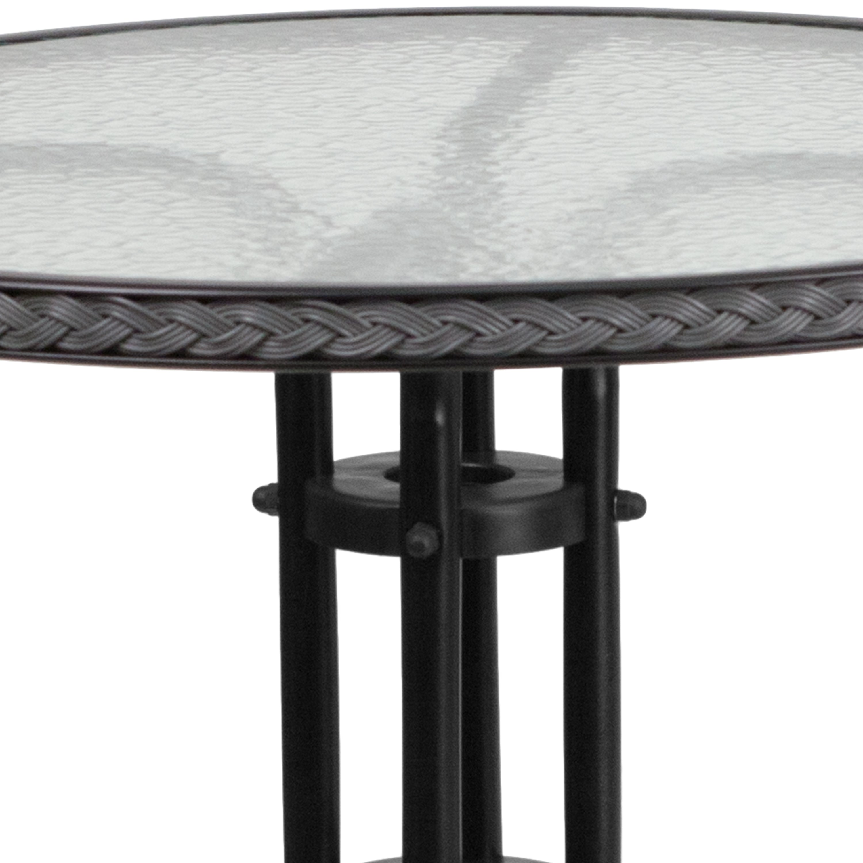 Lila 28'' Round Glass Metal Table with Gray Rattan Edging and 2 Gray Rattan Stack Chairs
