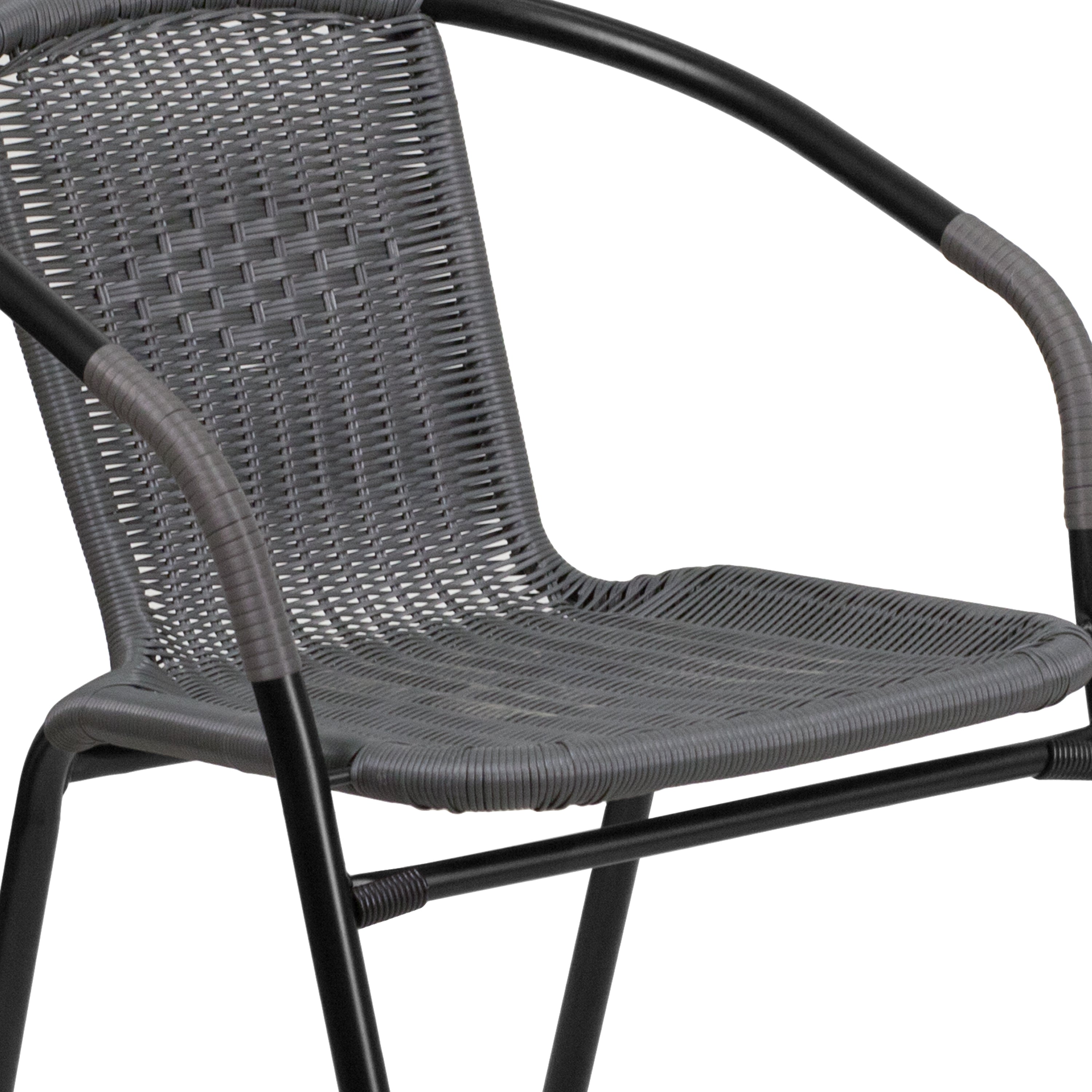Lila 28'' Round Glass Metal Table with Gray Rattan Edging and 2 Gray Rattan Stack Chairs