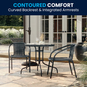 Lila 28'' Round Glass Metal Table with Gray Rattan Edging and 2 Gray Rattan Stack Chairs
