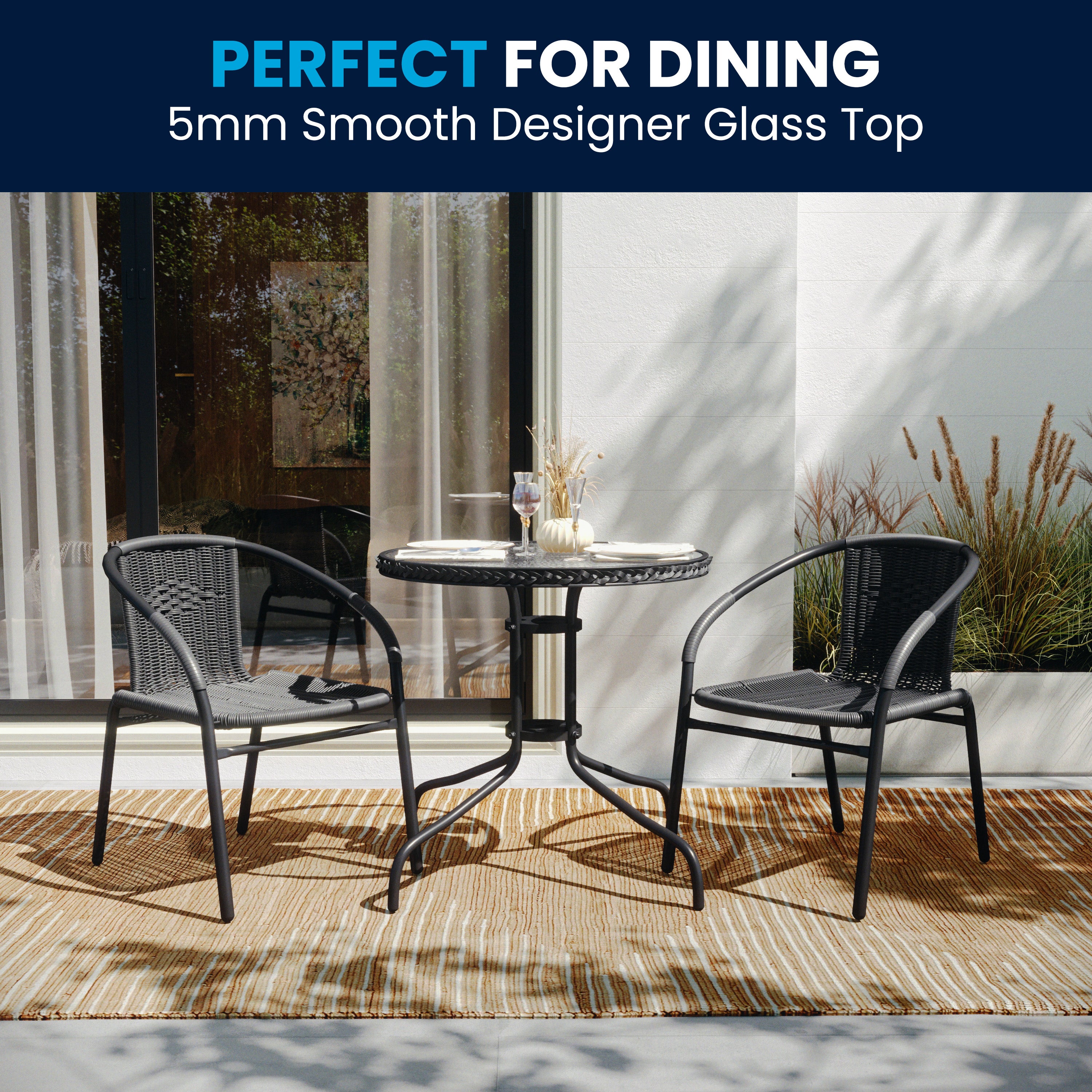 Lila 28'' Round Glass Metal Table with Gray Rattan Edging and 2 Gray Rattan Stack Chairs