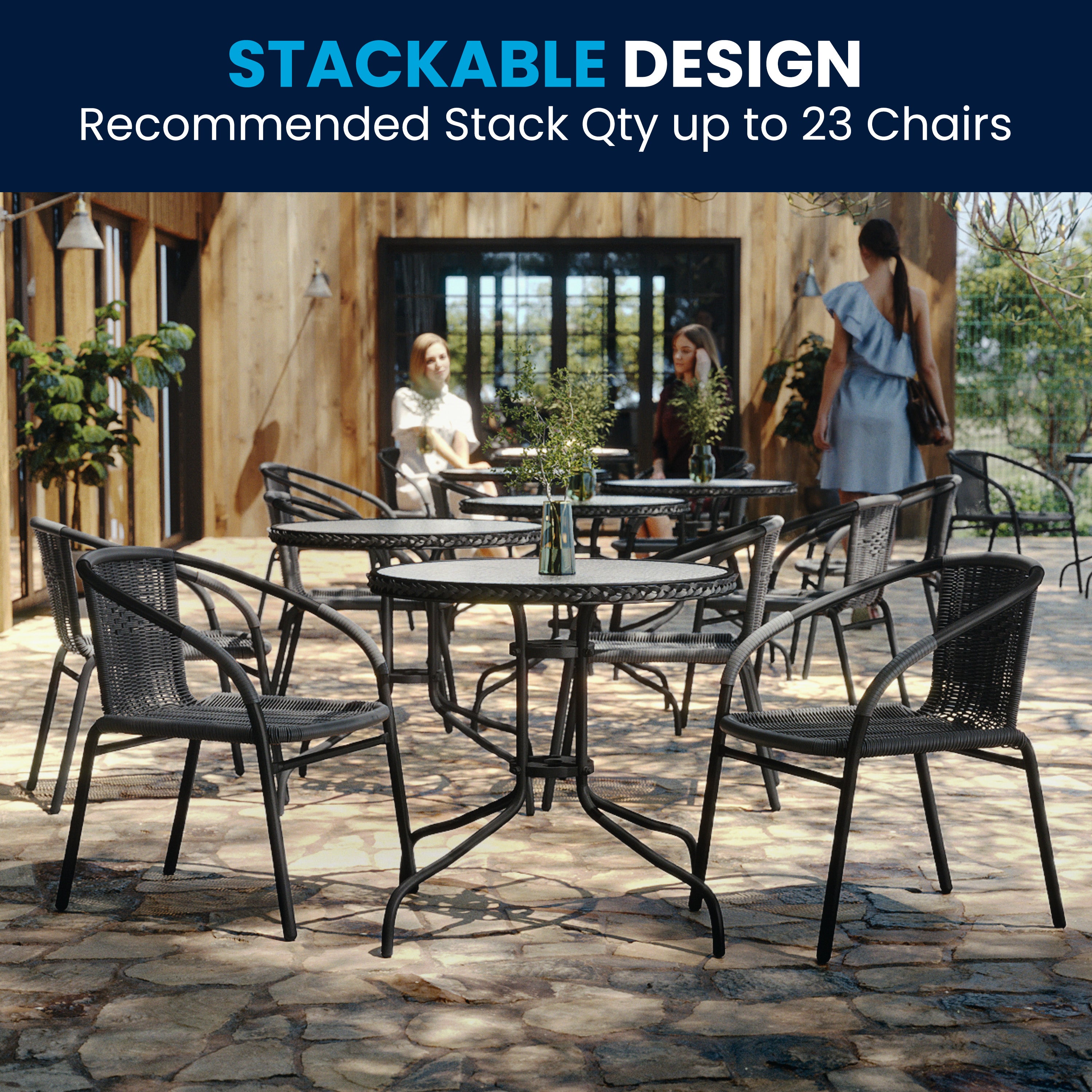 Lila 28'' Round Glass Metal Table with Gray Rattan Edging and 2 Gray Rattan Stack Chairs