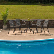 Lila 28'' Round Glass Metal Table with Gray Rattan Edging and 4 Gray Rattan Stack Chairs