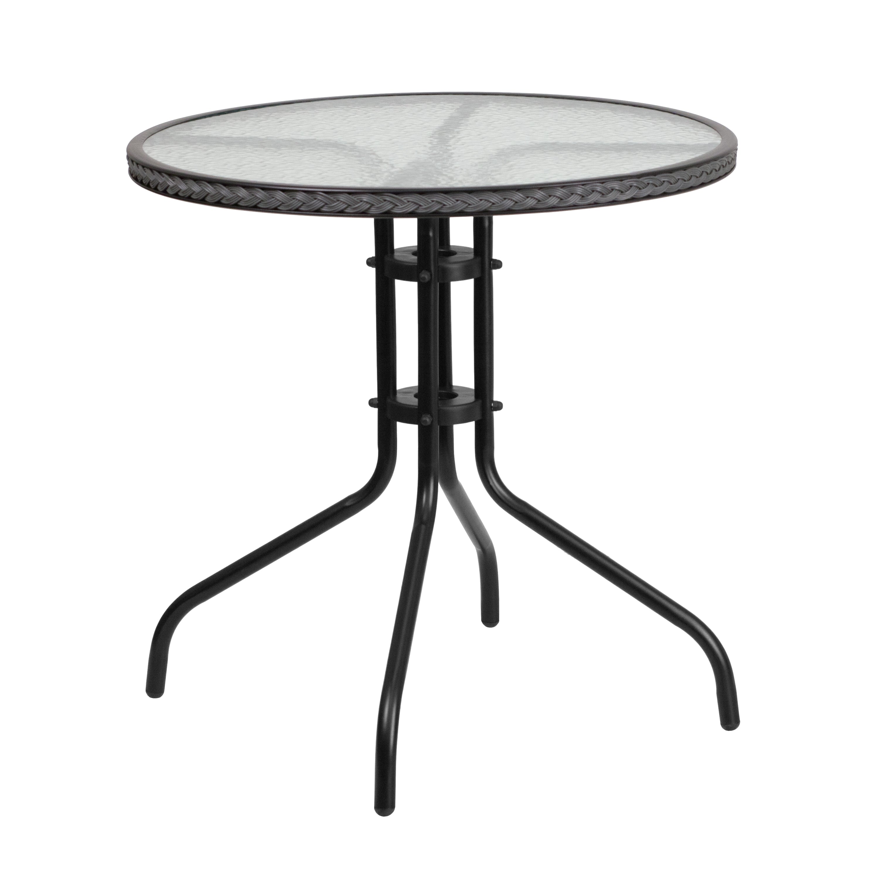 Lila 28'' Round Glass Metal Table with Gray Rattan Edging and 4 Gray Rattan Stack Chairs
