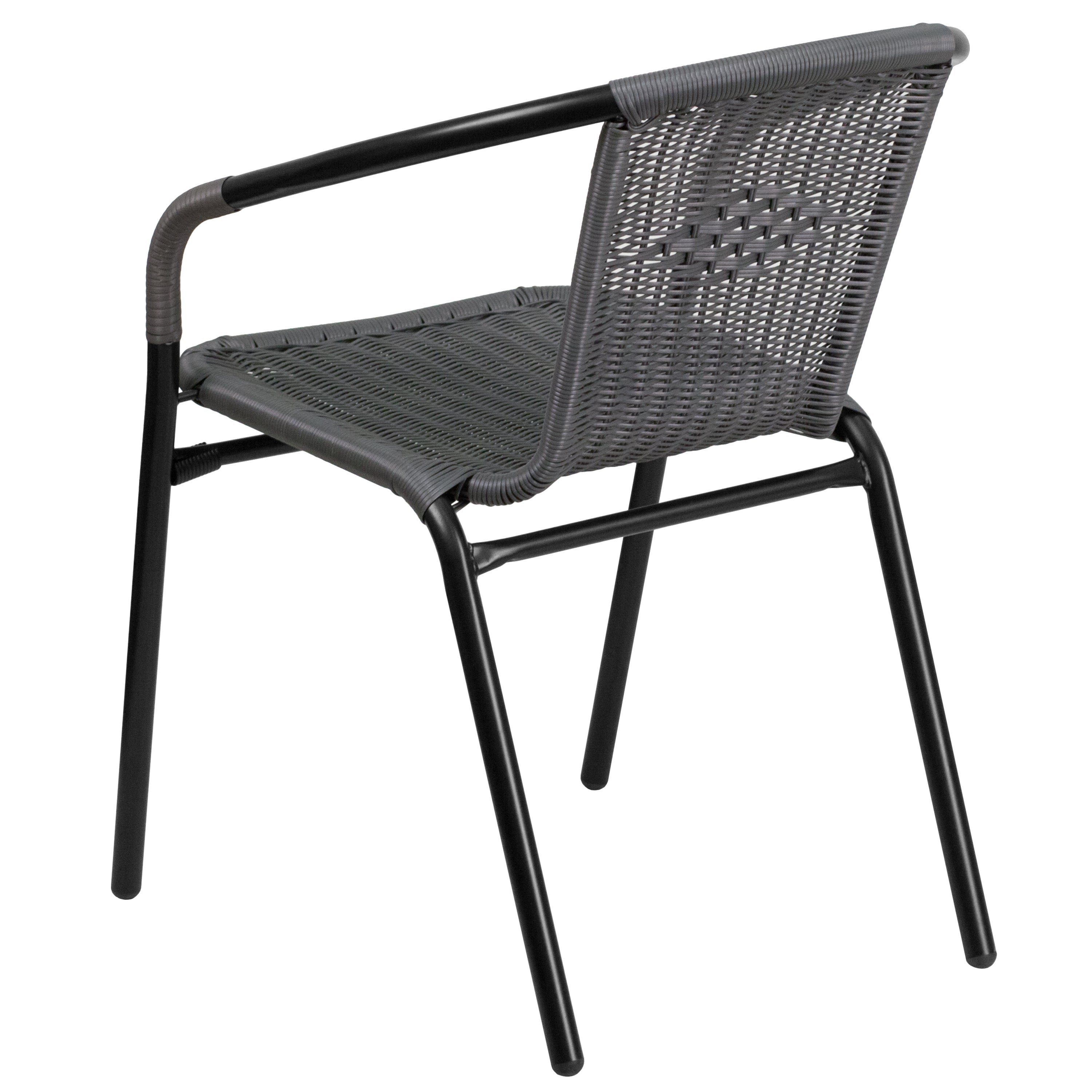 Lila 28'' Round Glass Metal Table with Gray Rattan Edging and 4 Gray Rattan Stack Chairs