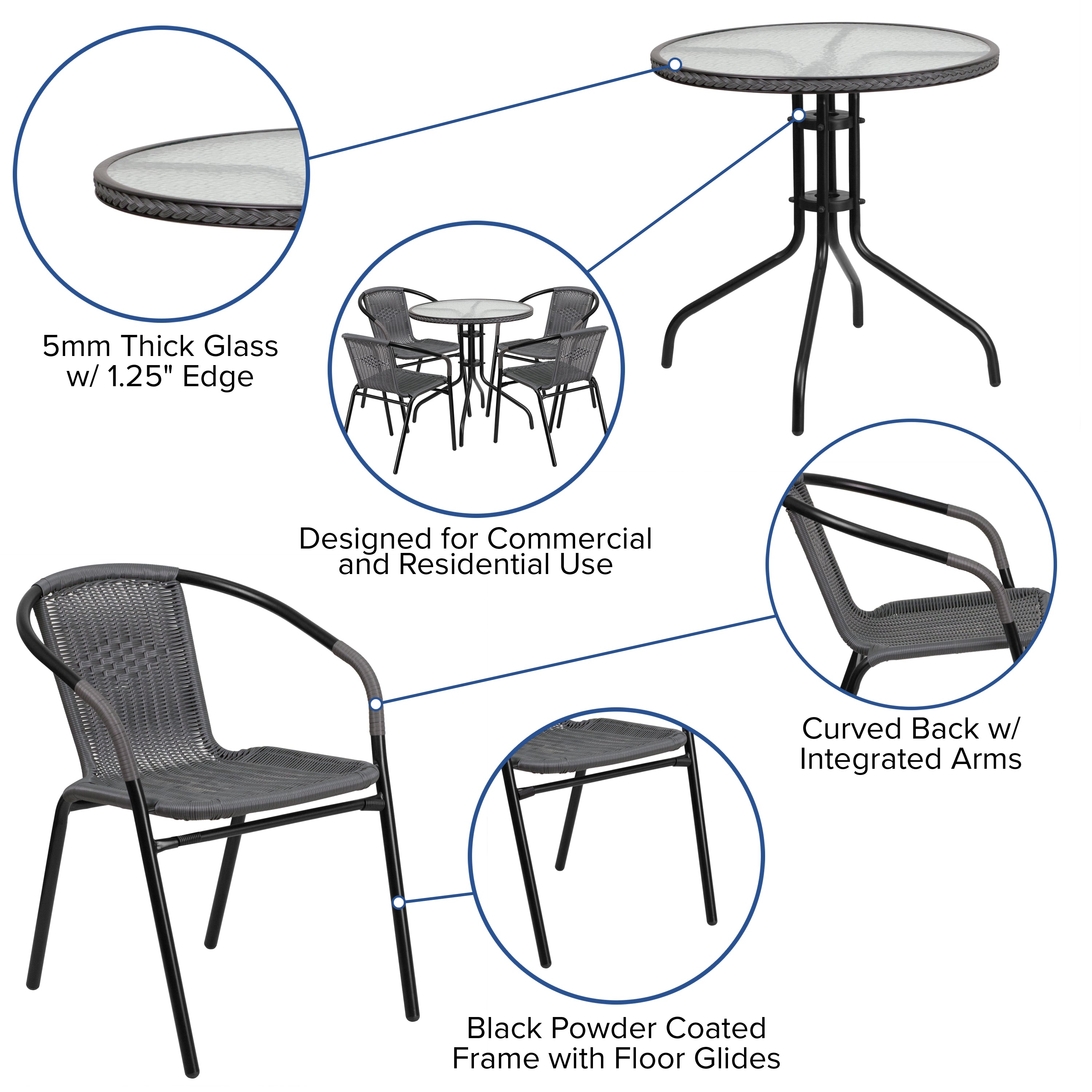 Lila 28'' Round Glass Metal Table with Gray Rattan Edging and 4 Gray Rattan Stack Chairs